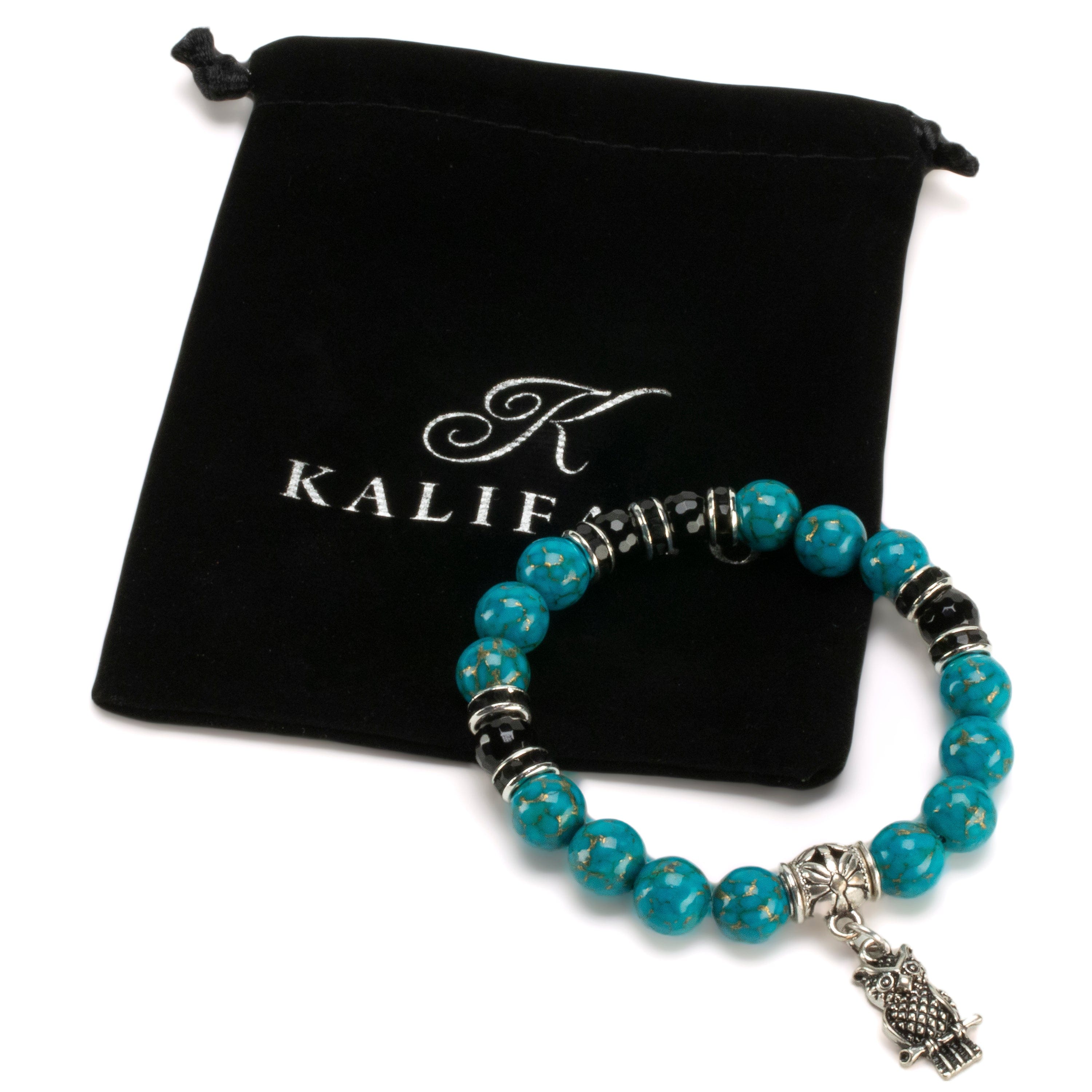 Kalifano Gemstone Bracelets Turquoise 10mm Gemstone Elastic Bead Bracelet with Owl Accent Bead RED-BGP-073