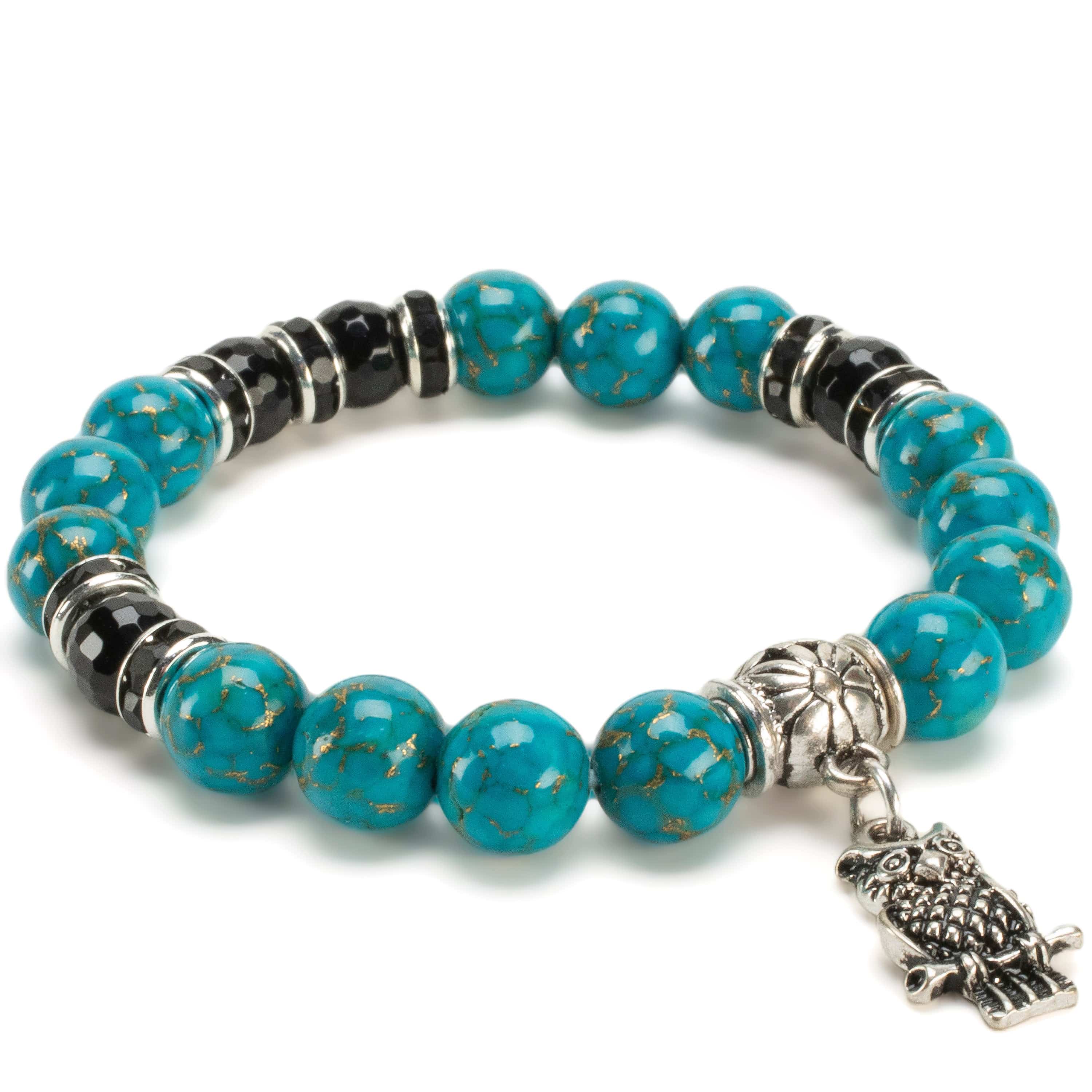 Kalifano Gemstone Bracelets Turquoise 10mm Gemstone Elastic Bead Bracelet with Owl Accent Bead RED-BGP-073