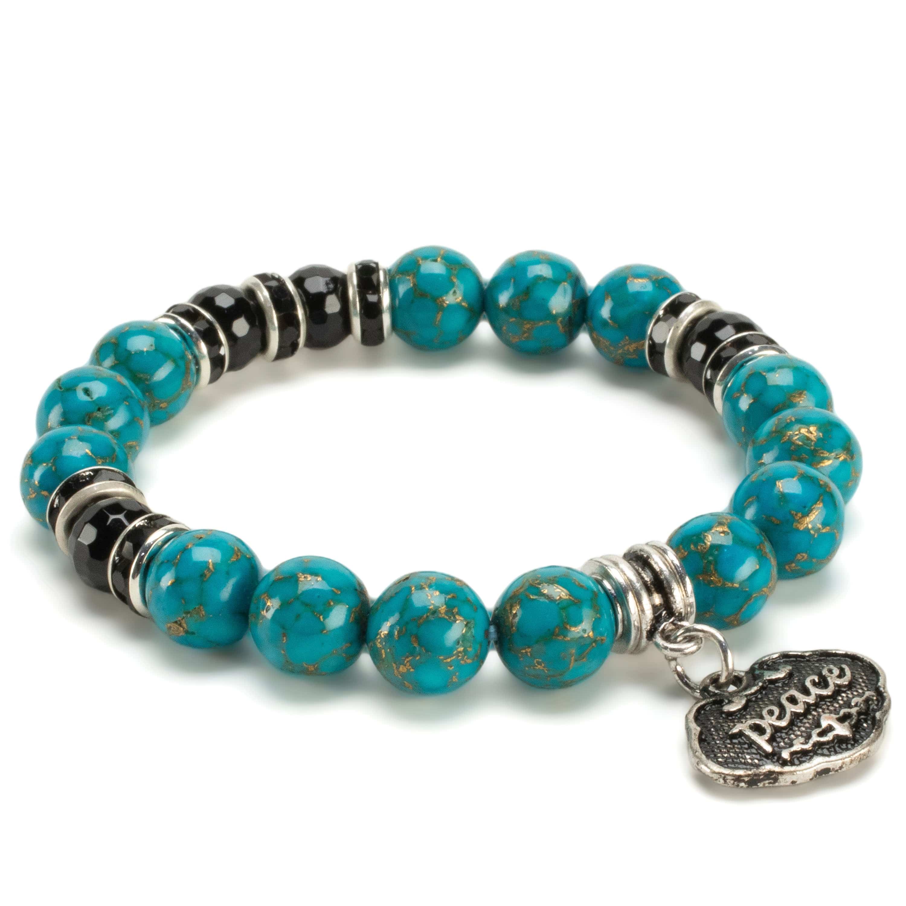 Kalifano Gemstone Bracelets Turquoise 10mm Gemstone Elastic Bead Bracelet with Peace & Black Agate Accent Beads RED-BGP-076