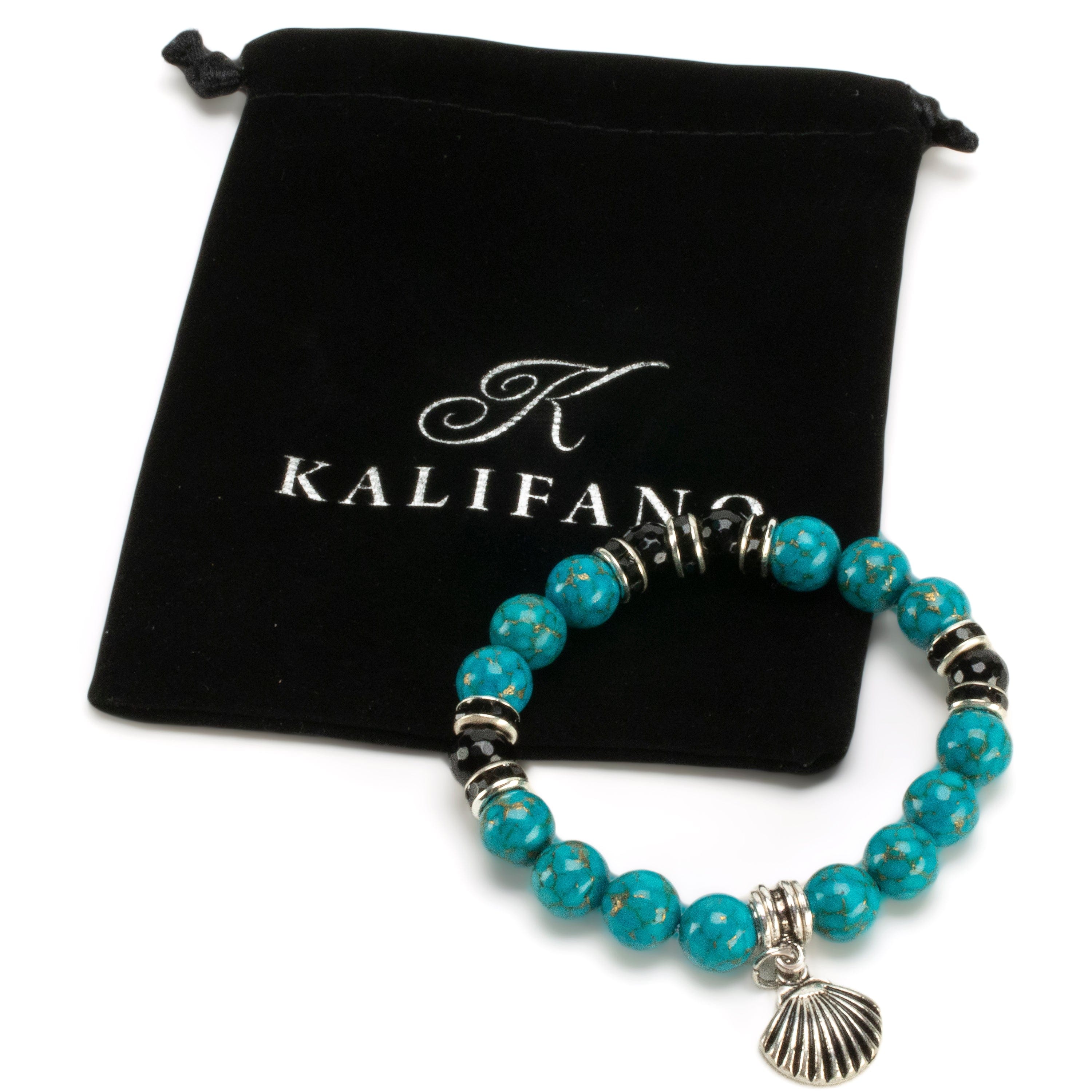 Kalifano Gemstone Bracelets Turquoise 10mm Gemstone Elastic Bead Bracelet with Seashell Accent Bead RED-BGP-072