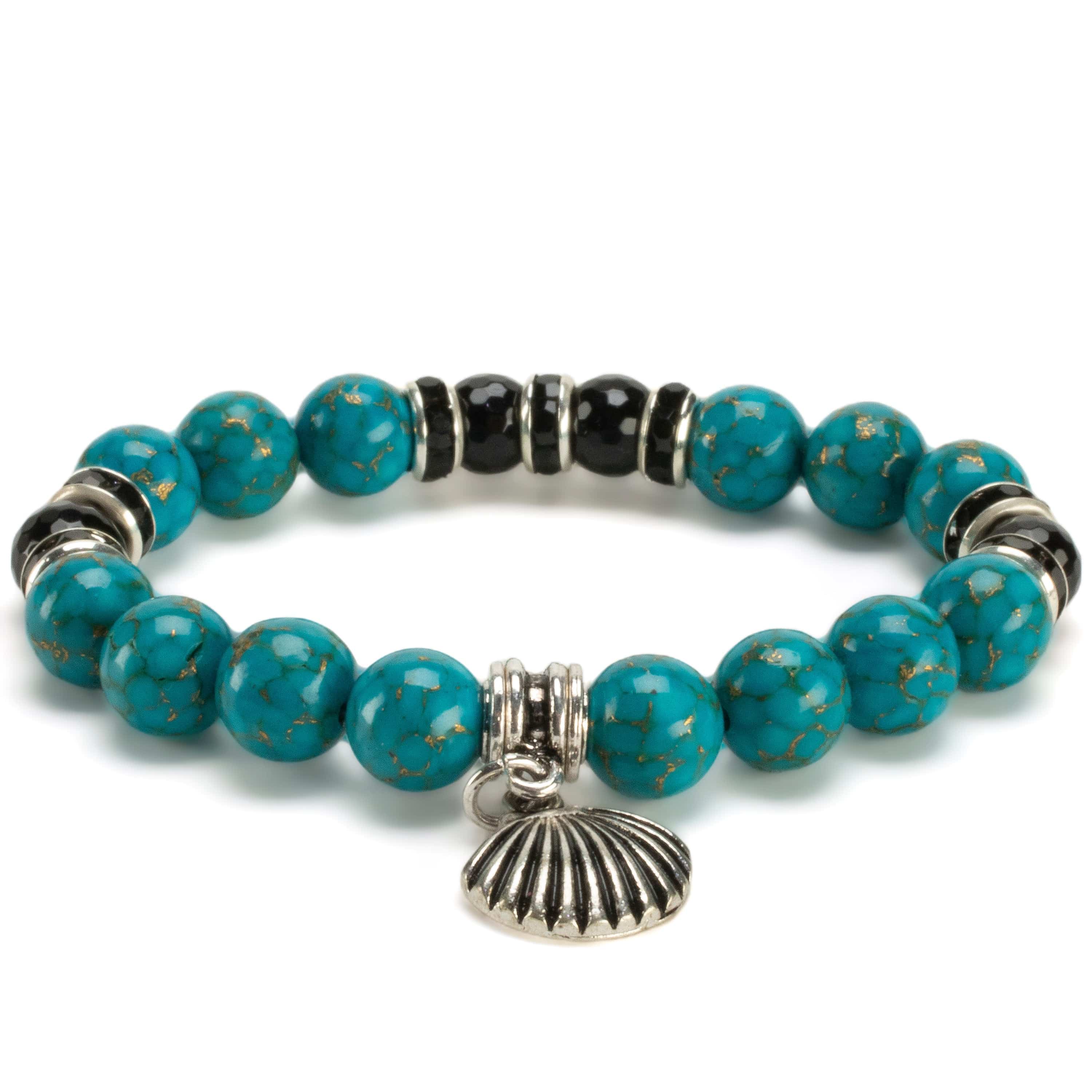 Kalifano Gemstone Bracelets Turquoise 10mm Gemstone Elastic Bead Bracelet with Seashell Accent Bead RED-BGP-072