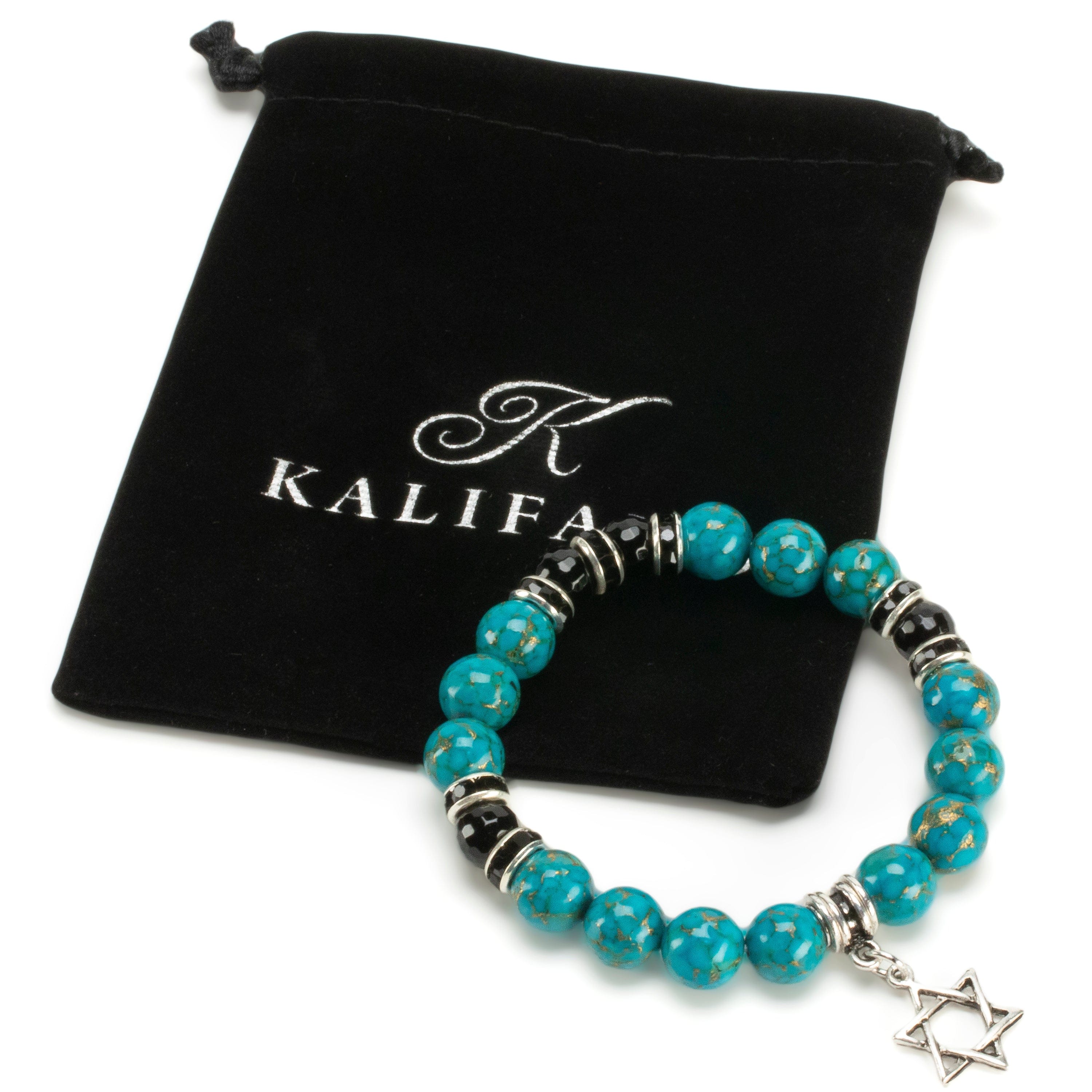 Kalifano Gemstone Bracelets Turquoise 10mm Gemstone Elastic Bead Bracelet with Star of David Charm & Black Agate Accent Beads RED-BGP-079