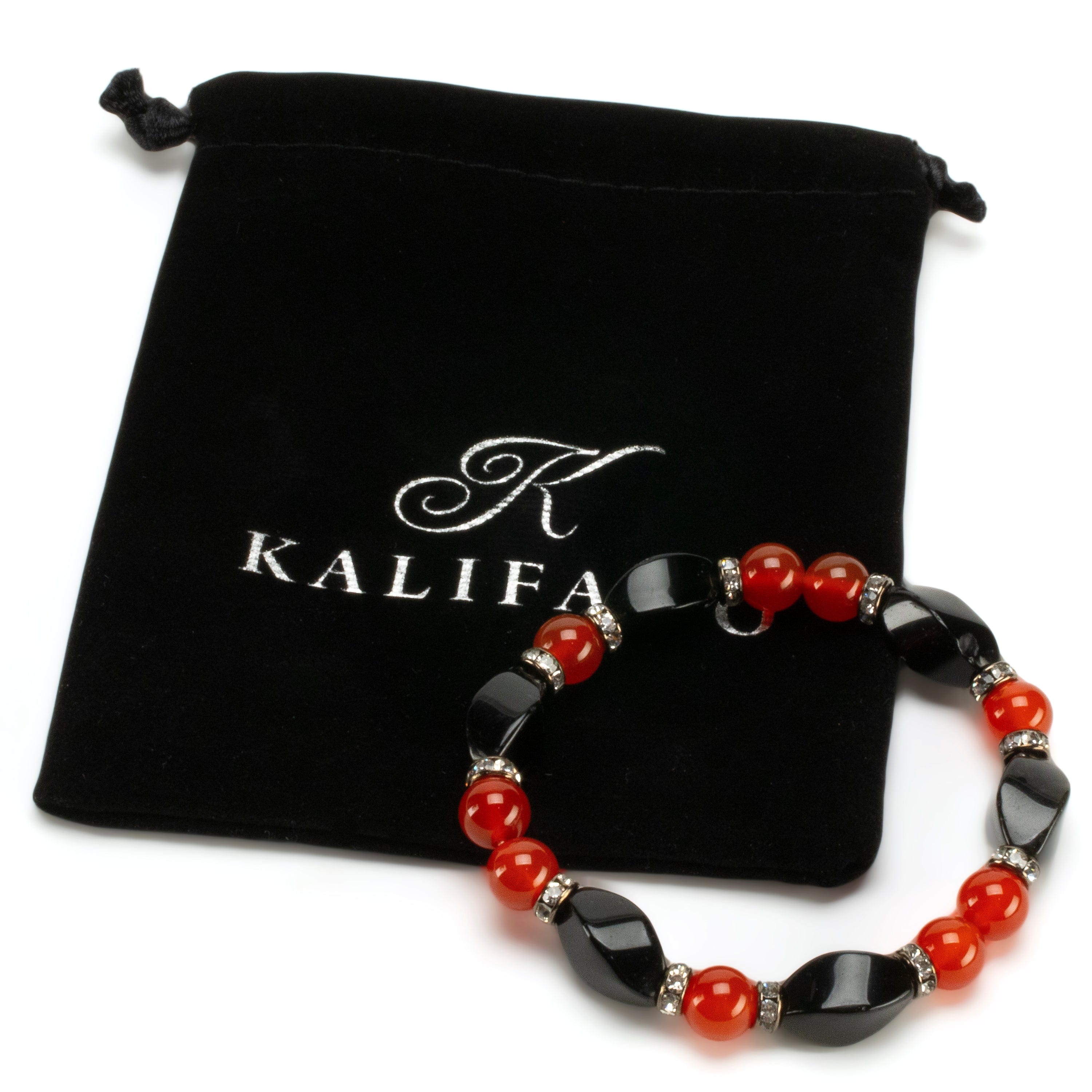 Kalifano Gemstone Bracelets Twisted Black Agate & Round Carnelian Gemstone Bead Elastic Bracelet with Crystal Accent Beads BLUE-BGP-055