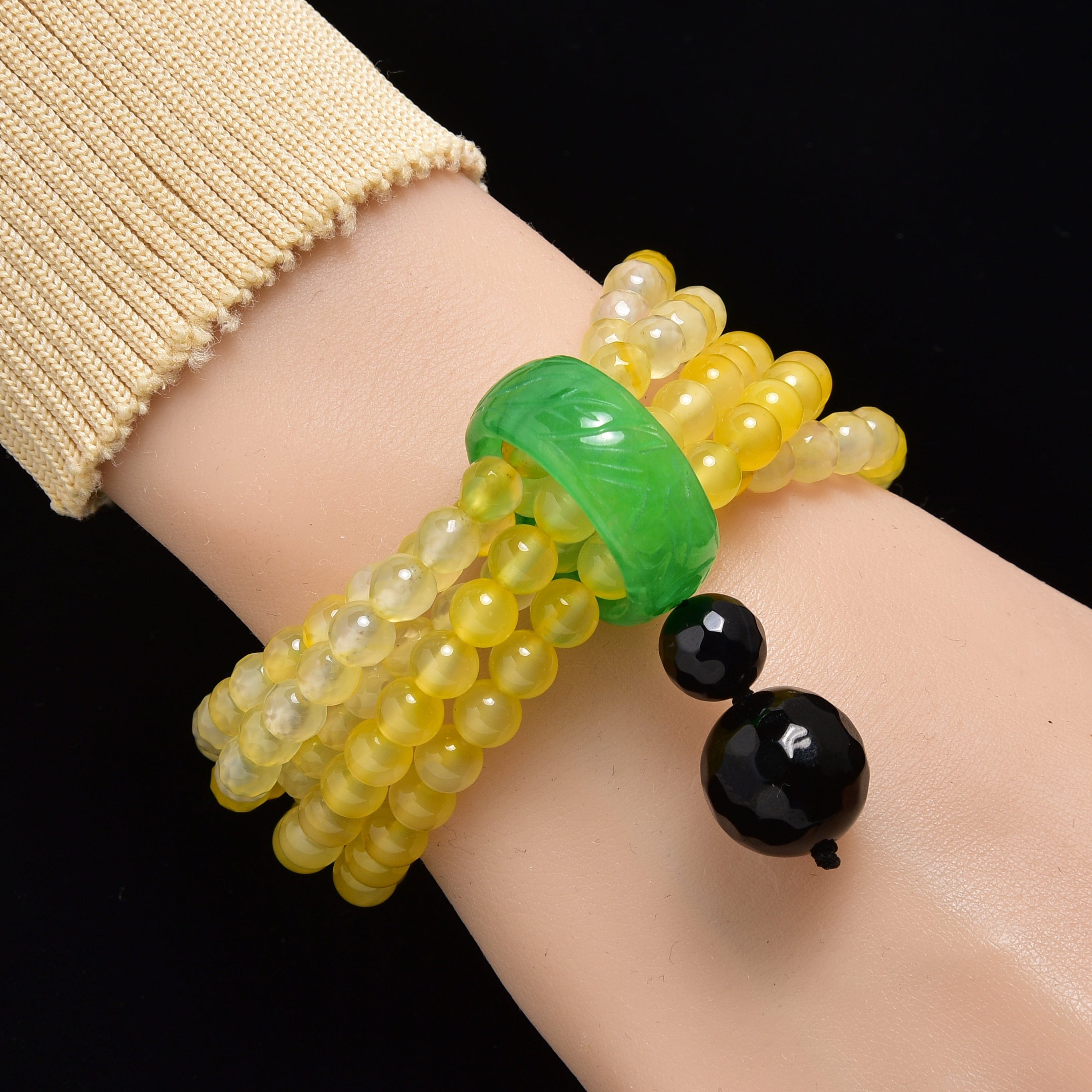 Kalifano Gemstone Bracelets Yellow Agate 6mm Beads with Jade Ring Gemstone Elastic Bracelet PLAT-BGP-JRYW