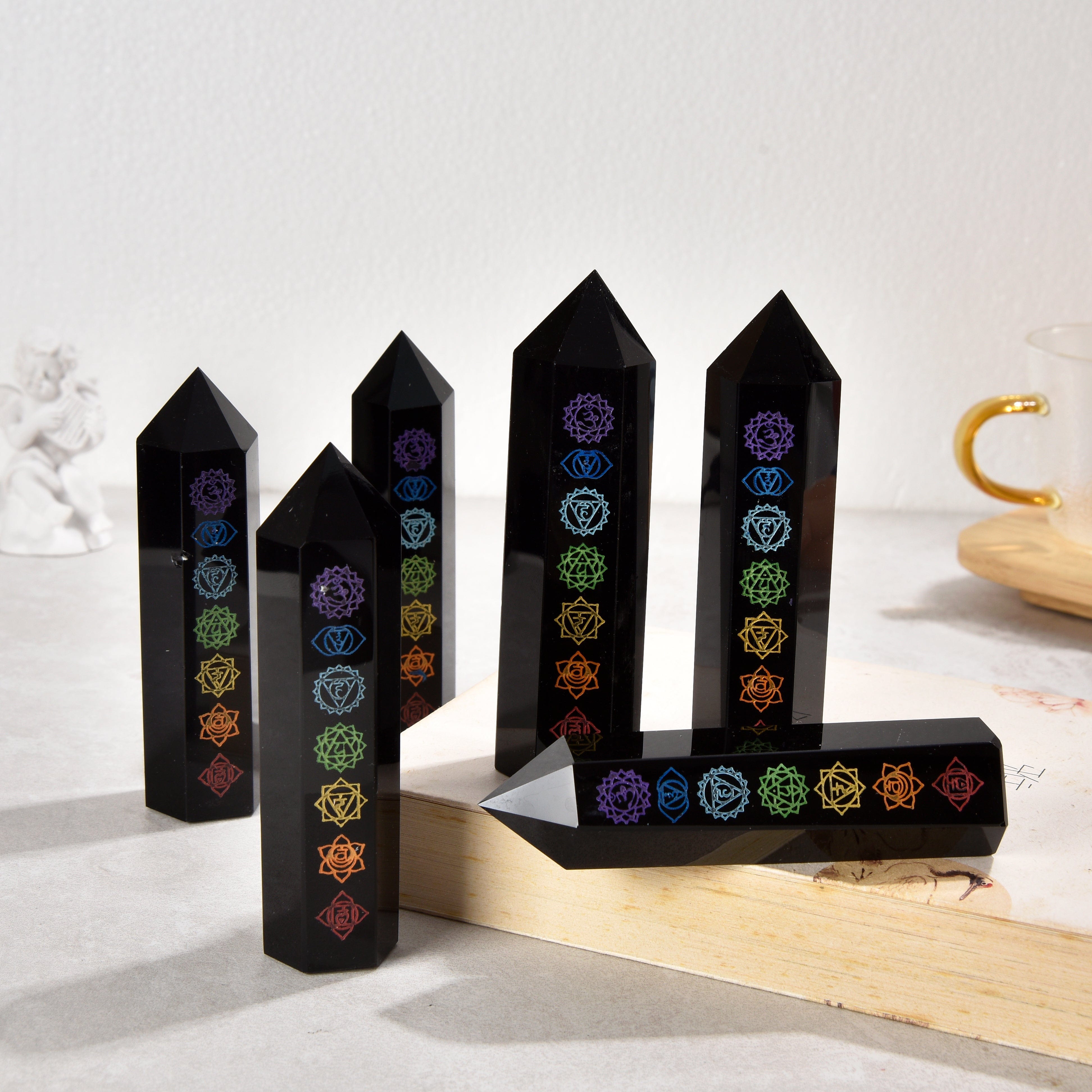 KALIFANO Gemstone Carvings 3.5" 7 Chakra Obsidian Obelisk Tower Gemstone Carving GOT810-COB