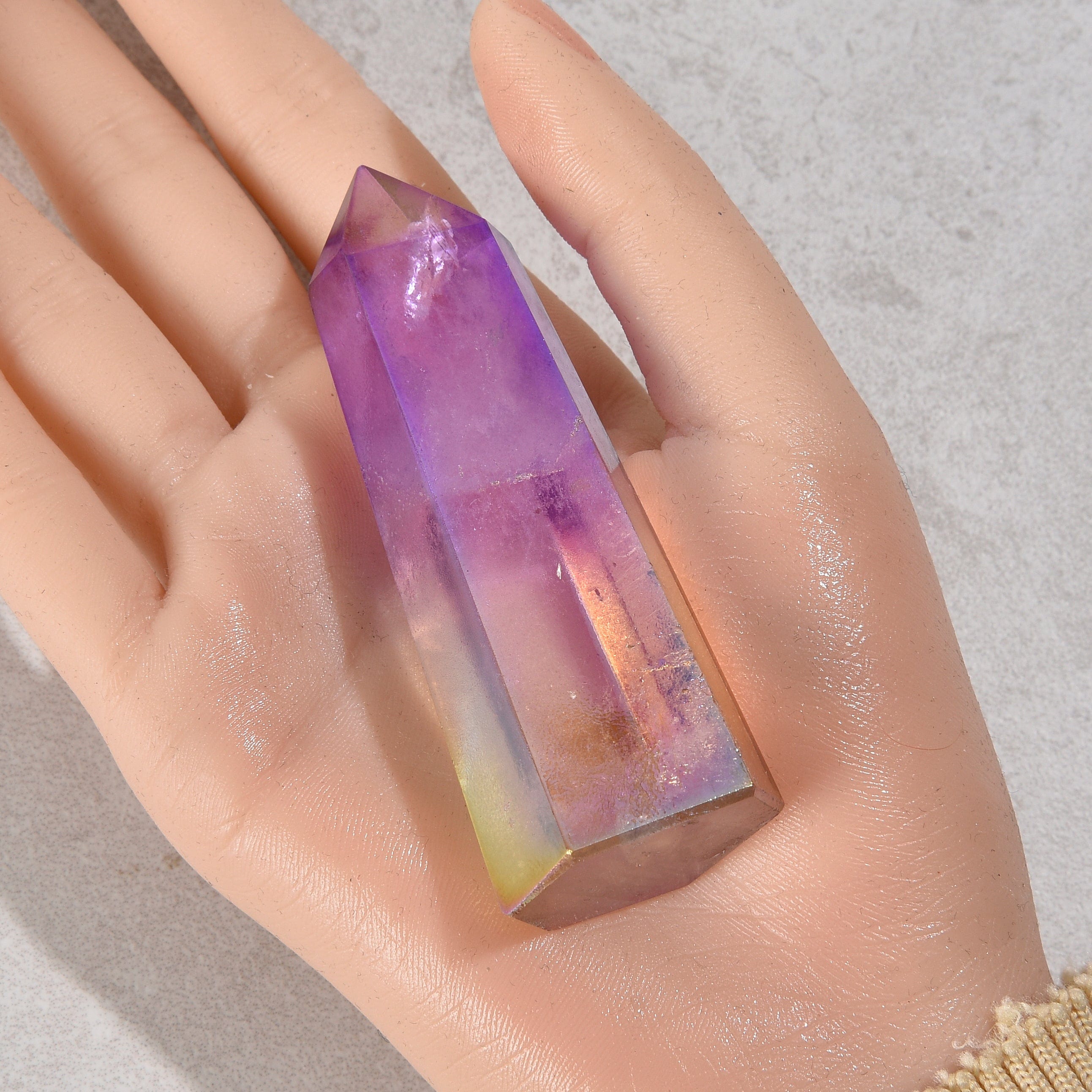 KALIFANO Gemstone Carvings 3.5" Aura Borealis Purple Yellow Quartz Obelisk Tower Gemstone Carving GOT810-ABA