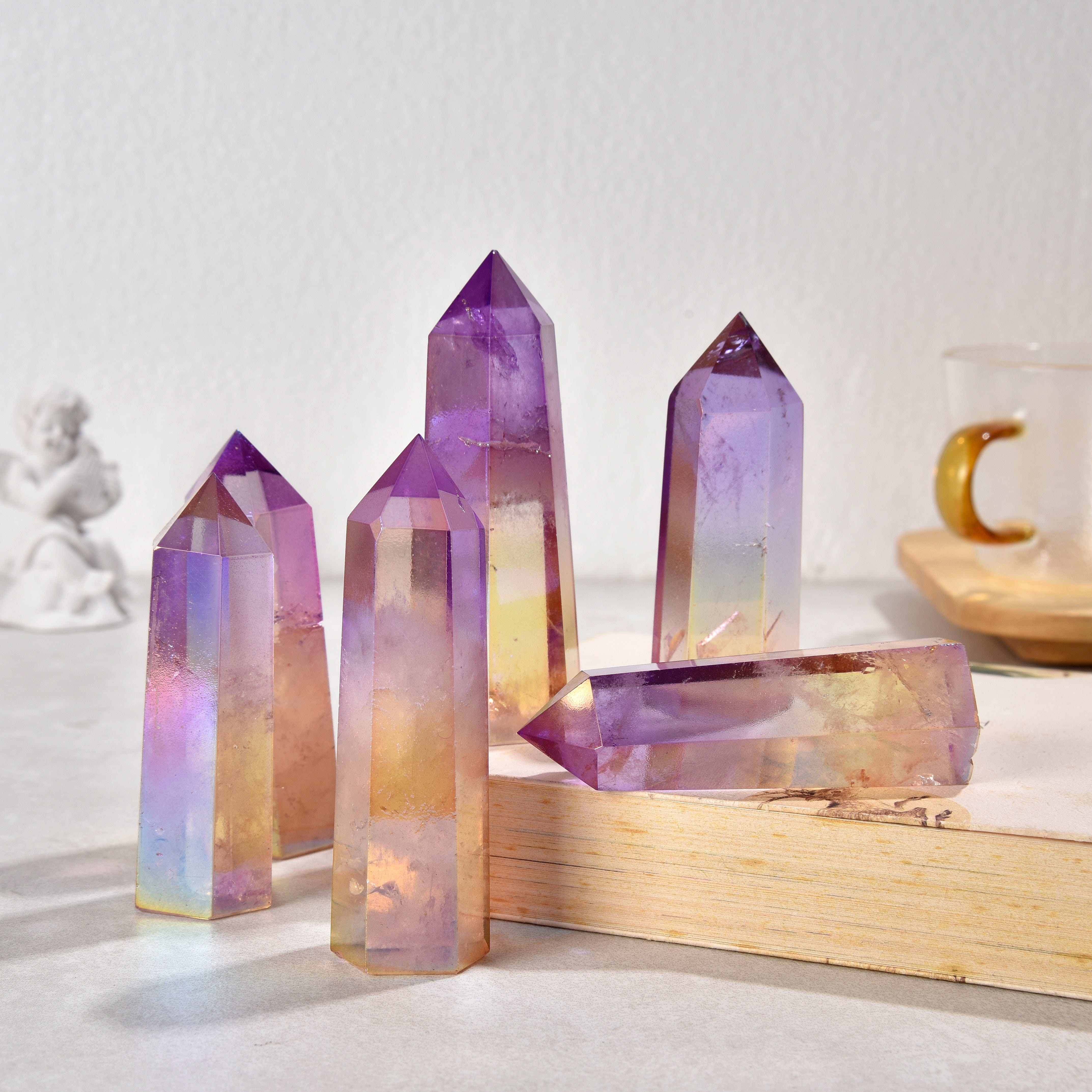 KALIFANO Gemstone Carvings 3.5" Aura Borealis Purple Yellow Quartz Obelisk Tower Gemstone Carving GOT810-ABA