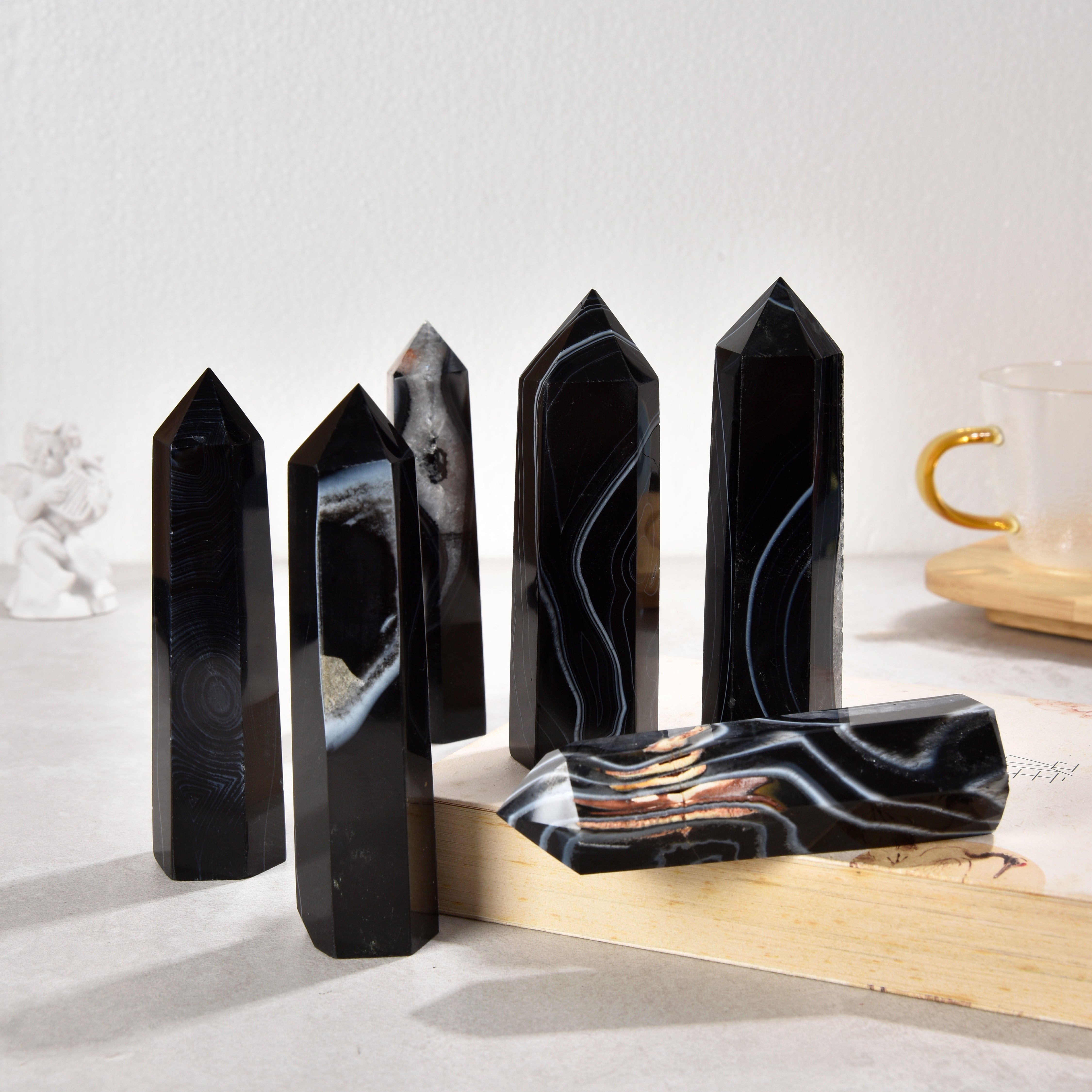 KALIFANO Gemstone Carvings 3.5" Black Agate Obelisk Tower Gemstone Carving GOT810-BAG