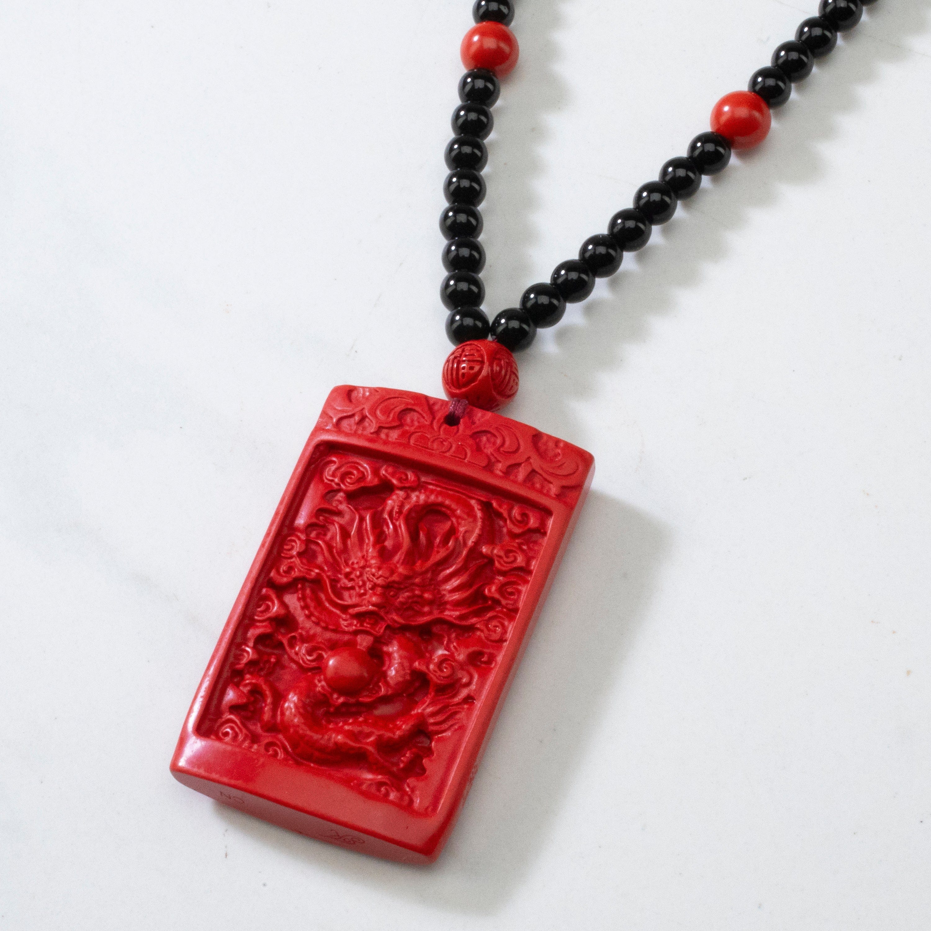 KALIFANO Gemstone Carvings Cinnabar Dragon Carving Necklace CBAR24B