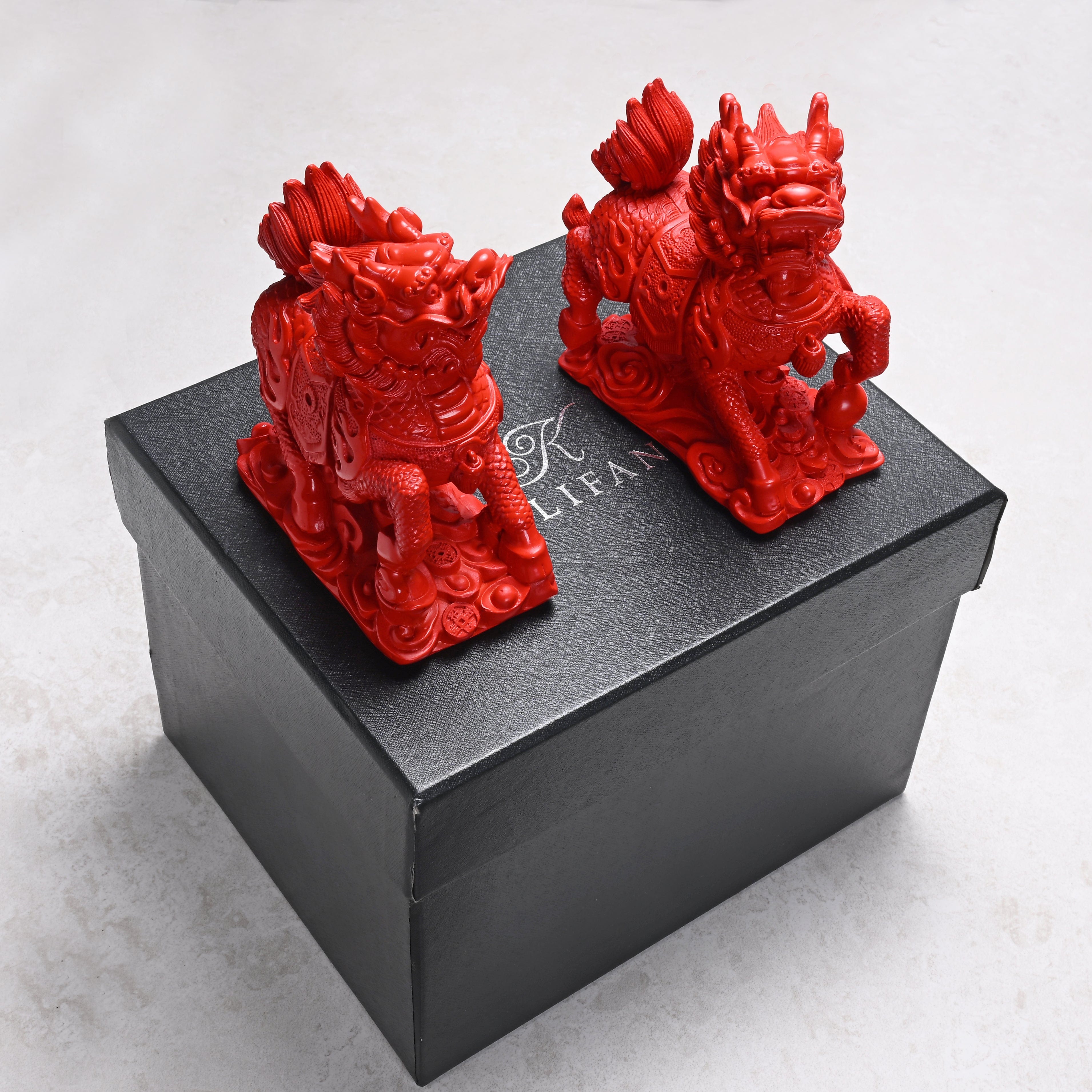 KALIFANO Gemstone Carvings Cinnabar Kylin Pair Carving CBAR360