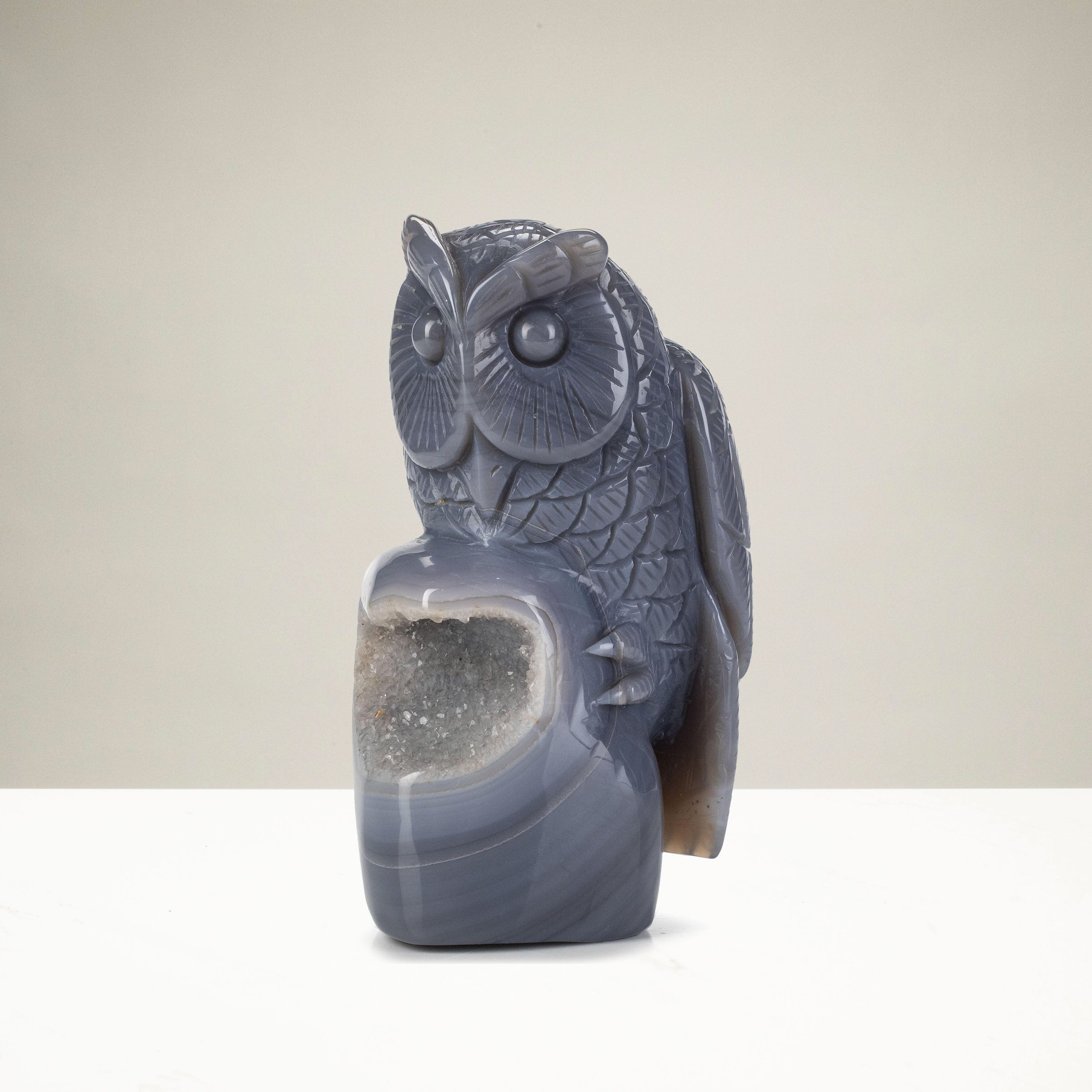 Kalifano Gemstone Carvings Natural Brazilian Blue Lace Agate Owl Animal Carving - 5.2 in CV298.002