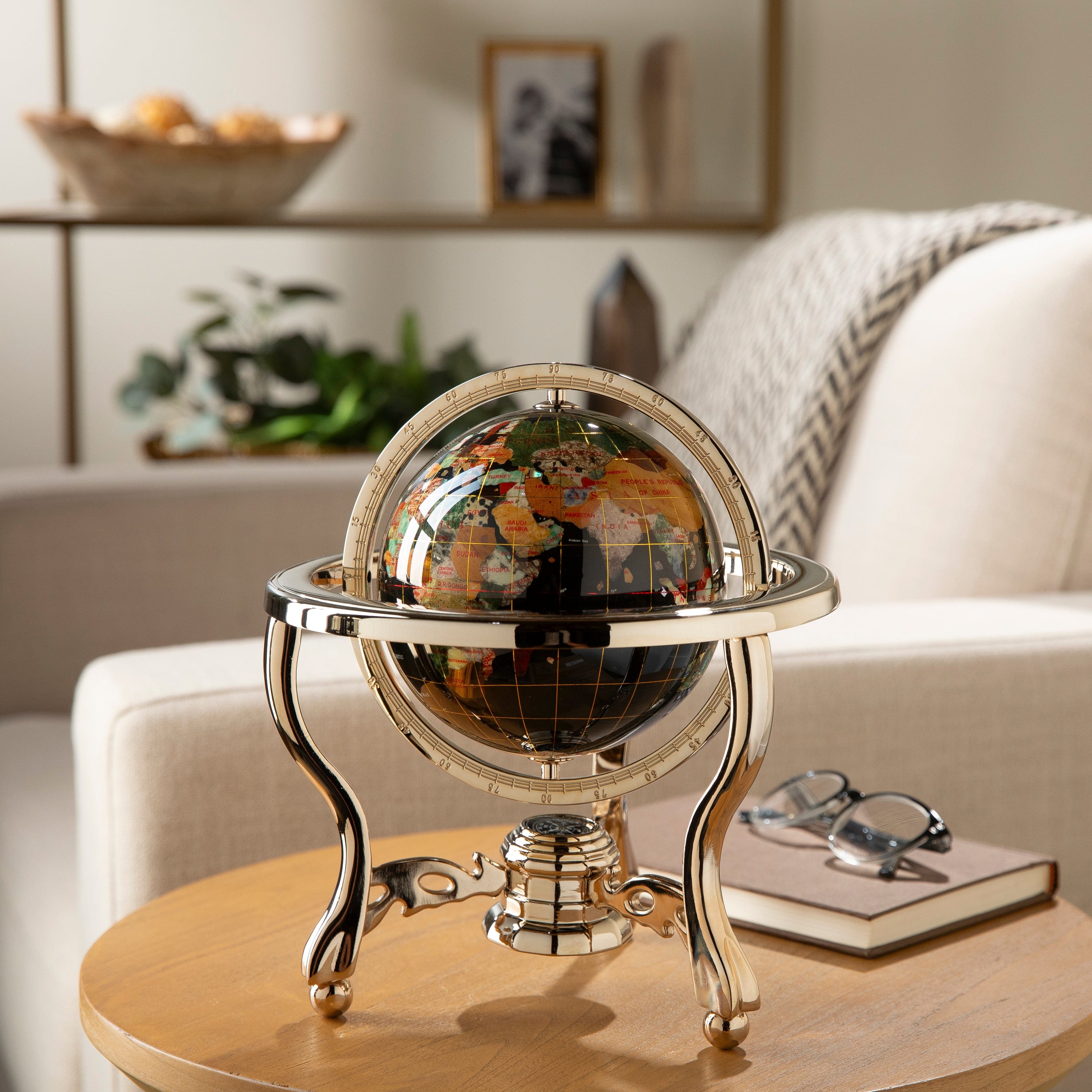 Kalifano Gemstone Globes 11" Tall Gemstone Globe with 6" Black Jasper Ocean on 24k Gold Plated Stand GT150G-BJ