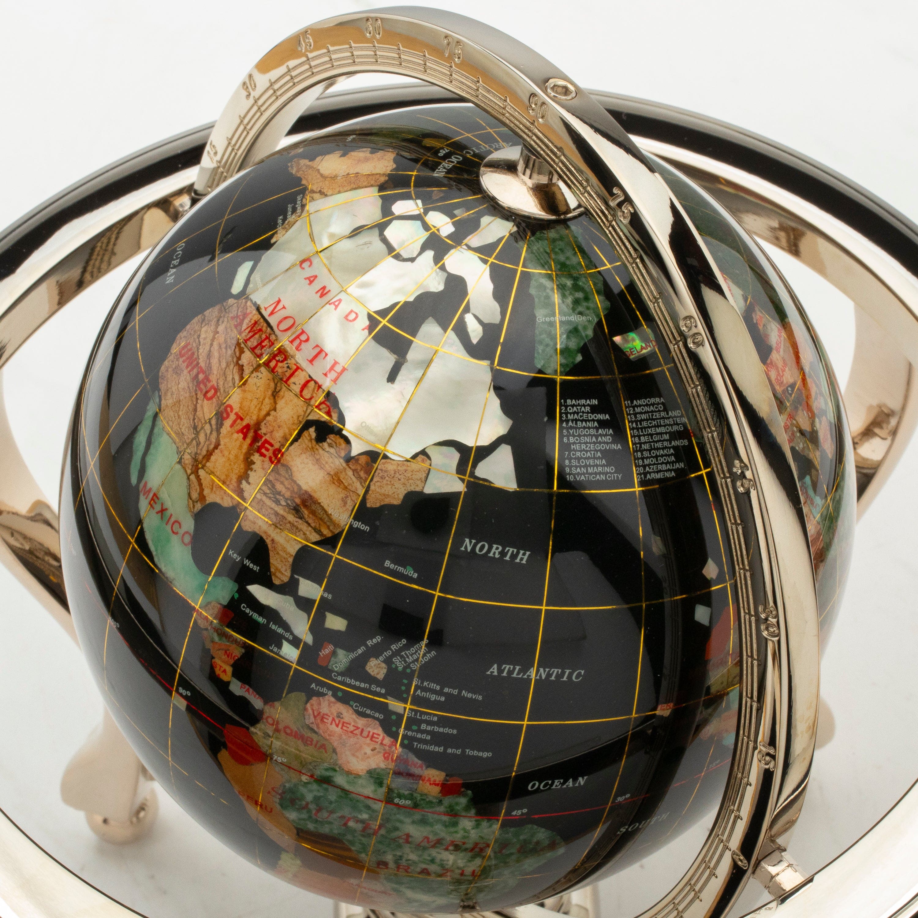 Kalifano Gemstone Globes 11" Tall Gemstone Globe with 6" Black Jasper Ocean on 24k Gold Plated Stand GT150G-BJ