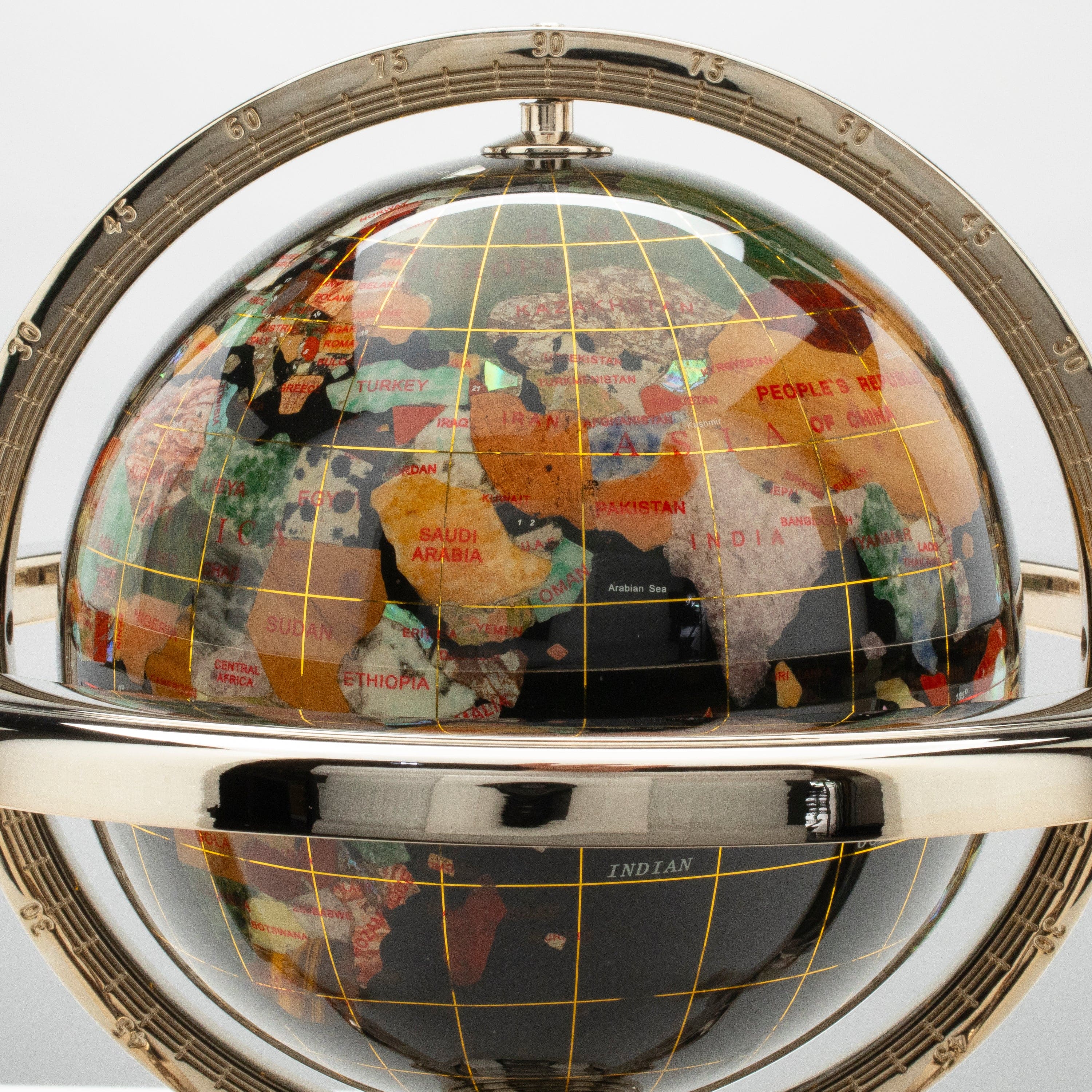 Kalifano Gemstone Globes 11" Tall Gemstone Globe with 6" Black Jasper Ocean on 24k Gold Plated Stand GT150G-BJ