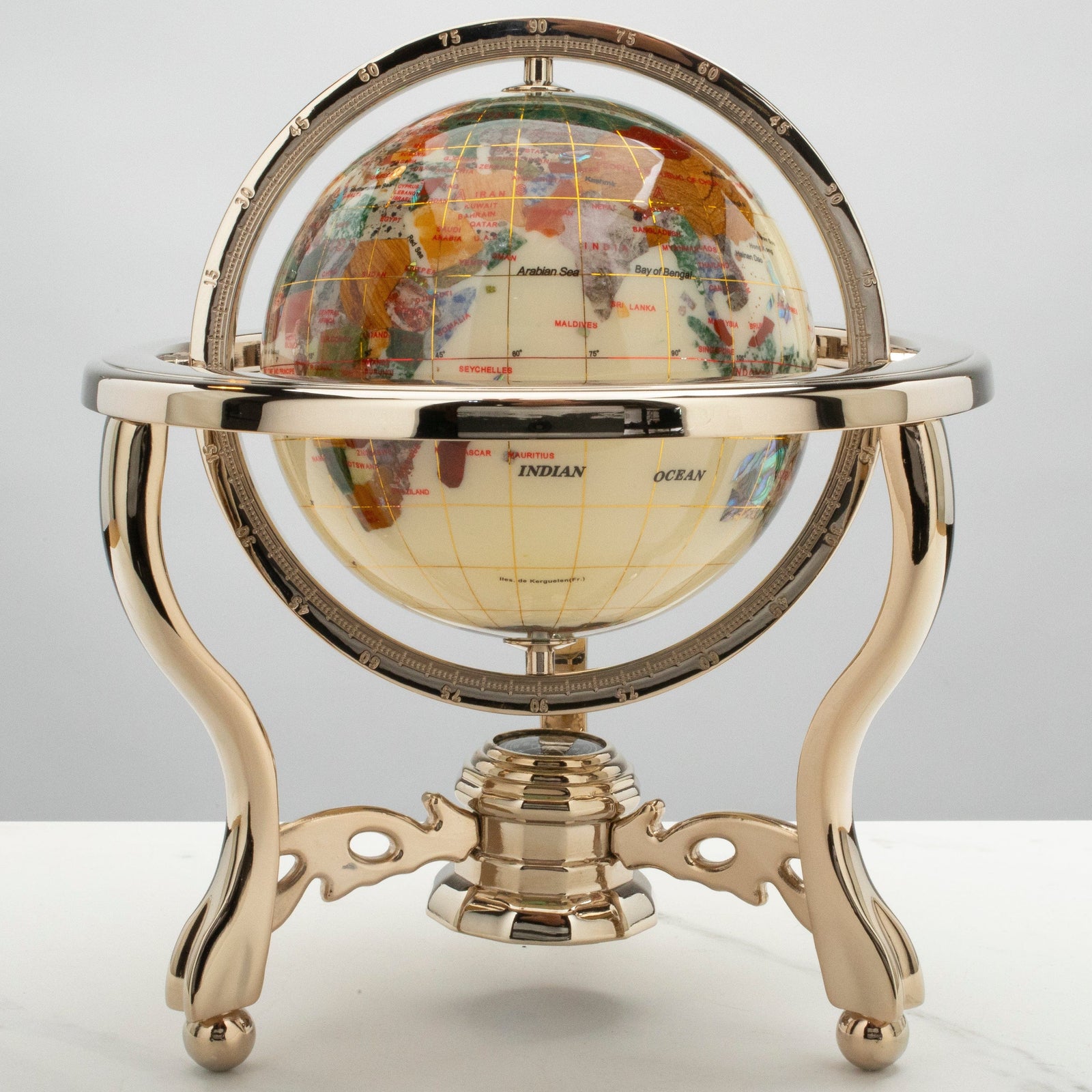 14 Inch Mother Of Pearl Gemstone Globe With Gold Stand - Handcrafted Semi-Precious Stone World