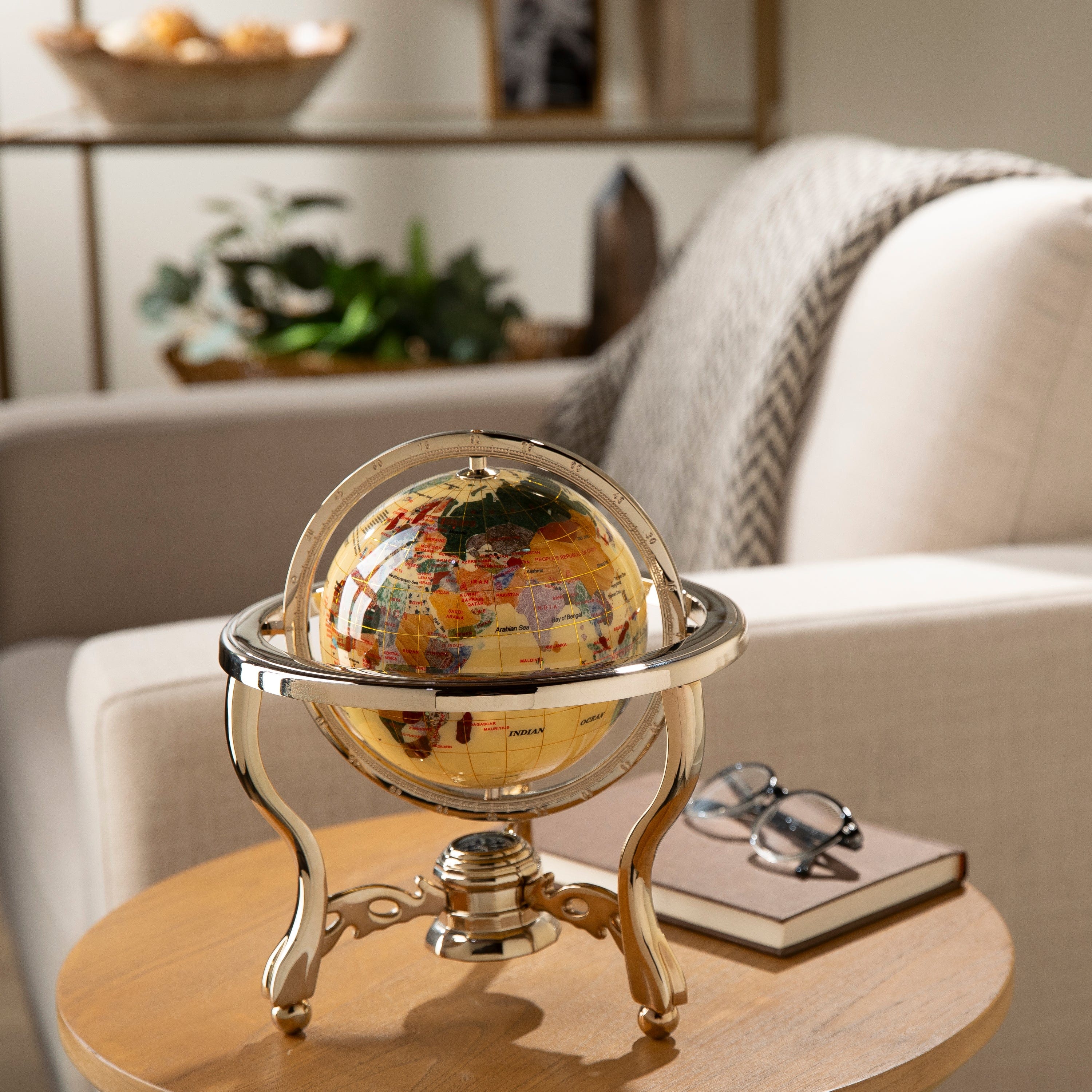 KALIFANO Gemstone Globes 11" Tall Gemstone Globe with 6" Ivory Ocean on 24k Gold Plated Stand GT150G-IV