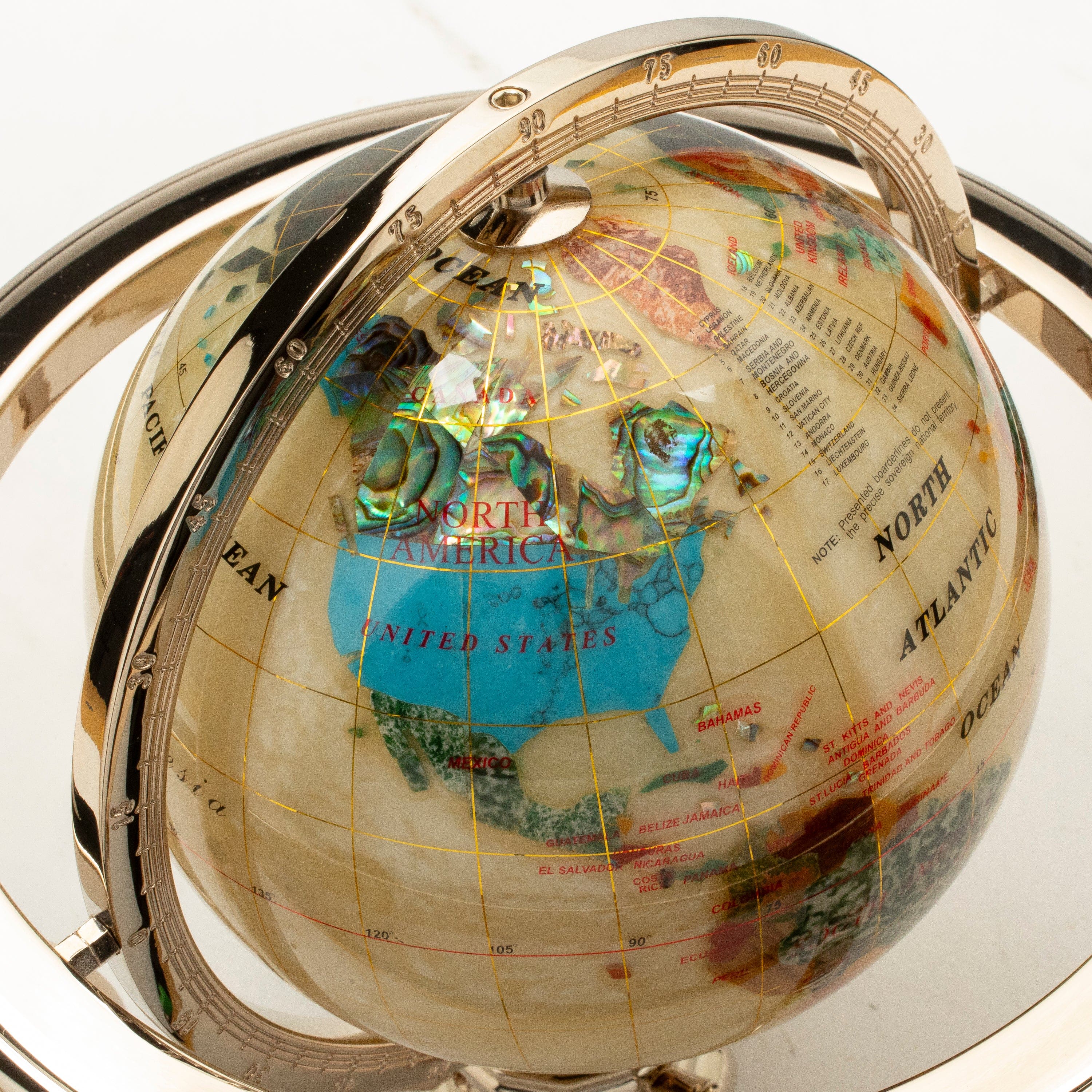 Kalifano Gemstone Globes 11" Tall Gemstone Globe with 6" Smooth Mother of Pearl Ocean on 24k Gold Plated Stand GT150G-SMOP