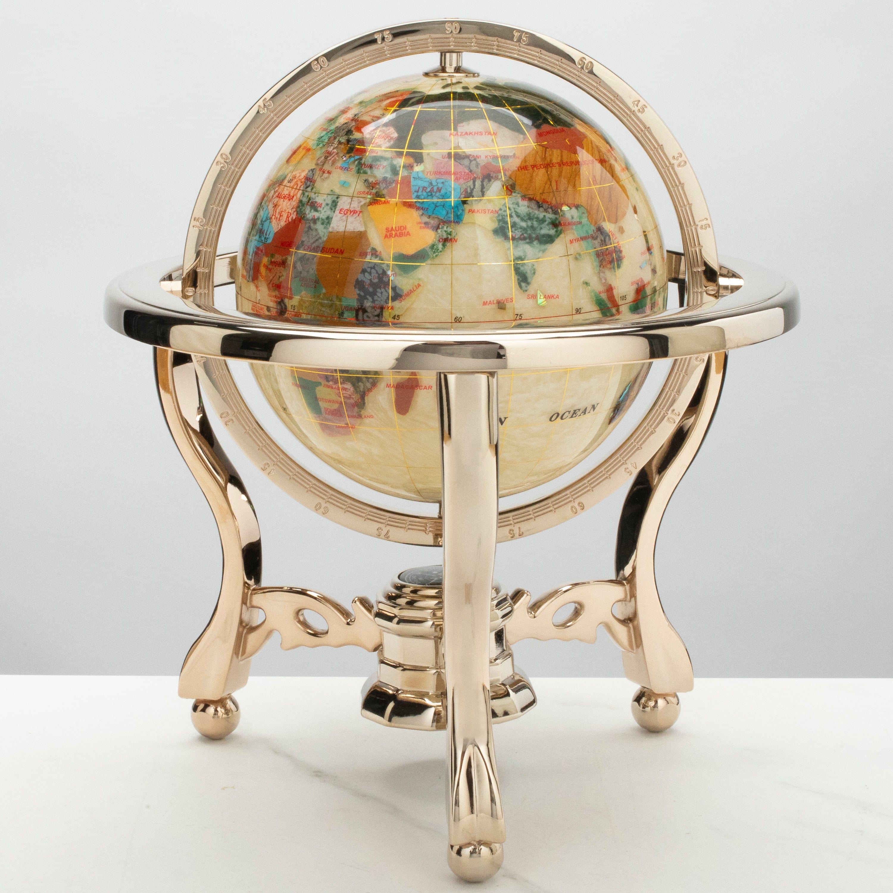 Kalifano Gemstone Globes 11" Tall Gemstone Globe with 6" Smooth Mother of Pearl Ocean on 24k Gold Plated Stand GT150G-SMOP