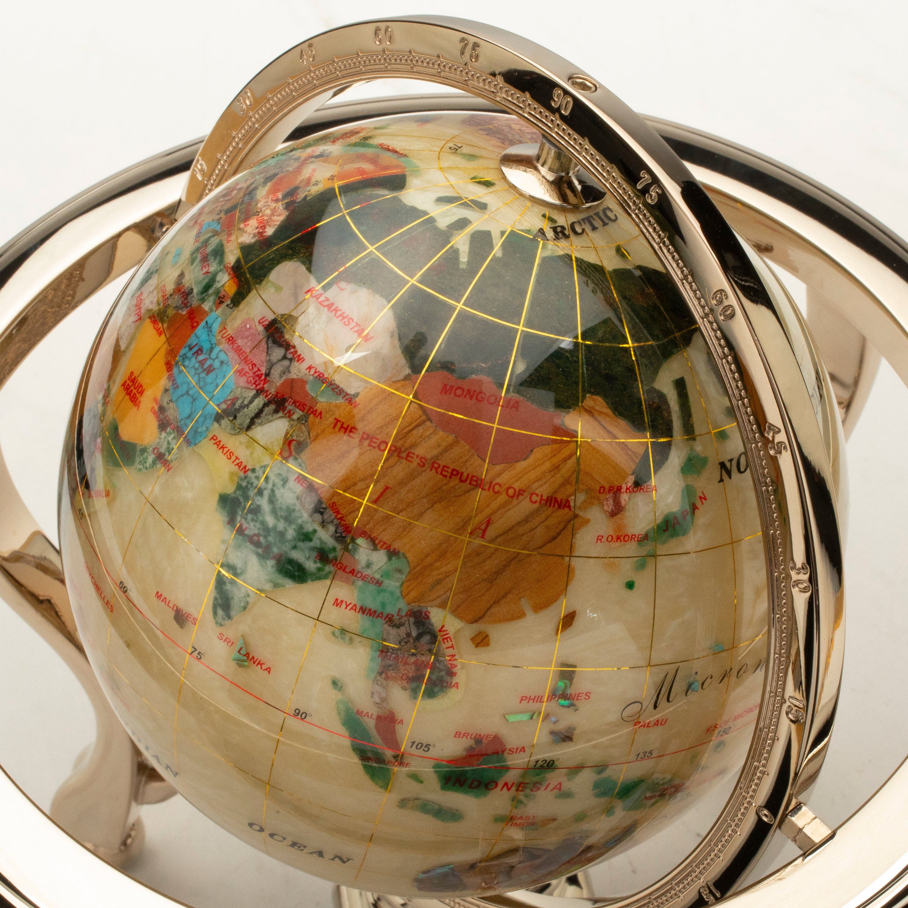 Kalifano Gemstone Globes 11" Tall Gemstone Globe with 6" Smooth Mother of Pearl Ocean on 24k Gold Plated Stand GT150G-SMOP