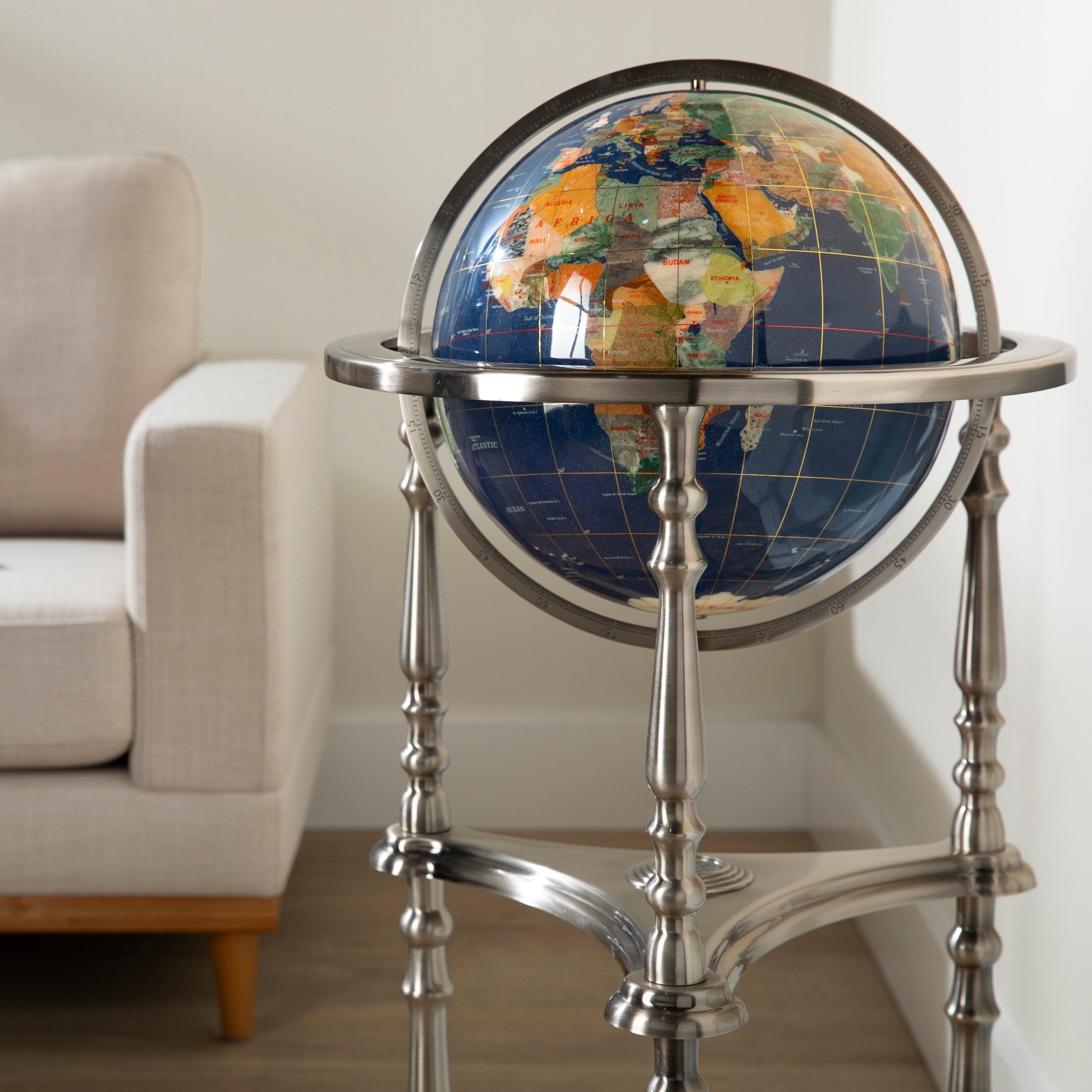 Kalifano Gemstone Globes 37" Tall Gemstone Globe with 13'" Lapis Ocean on Ambassador Antique Silver 3-Leg High Stand GTH330AS-LP