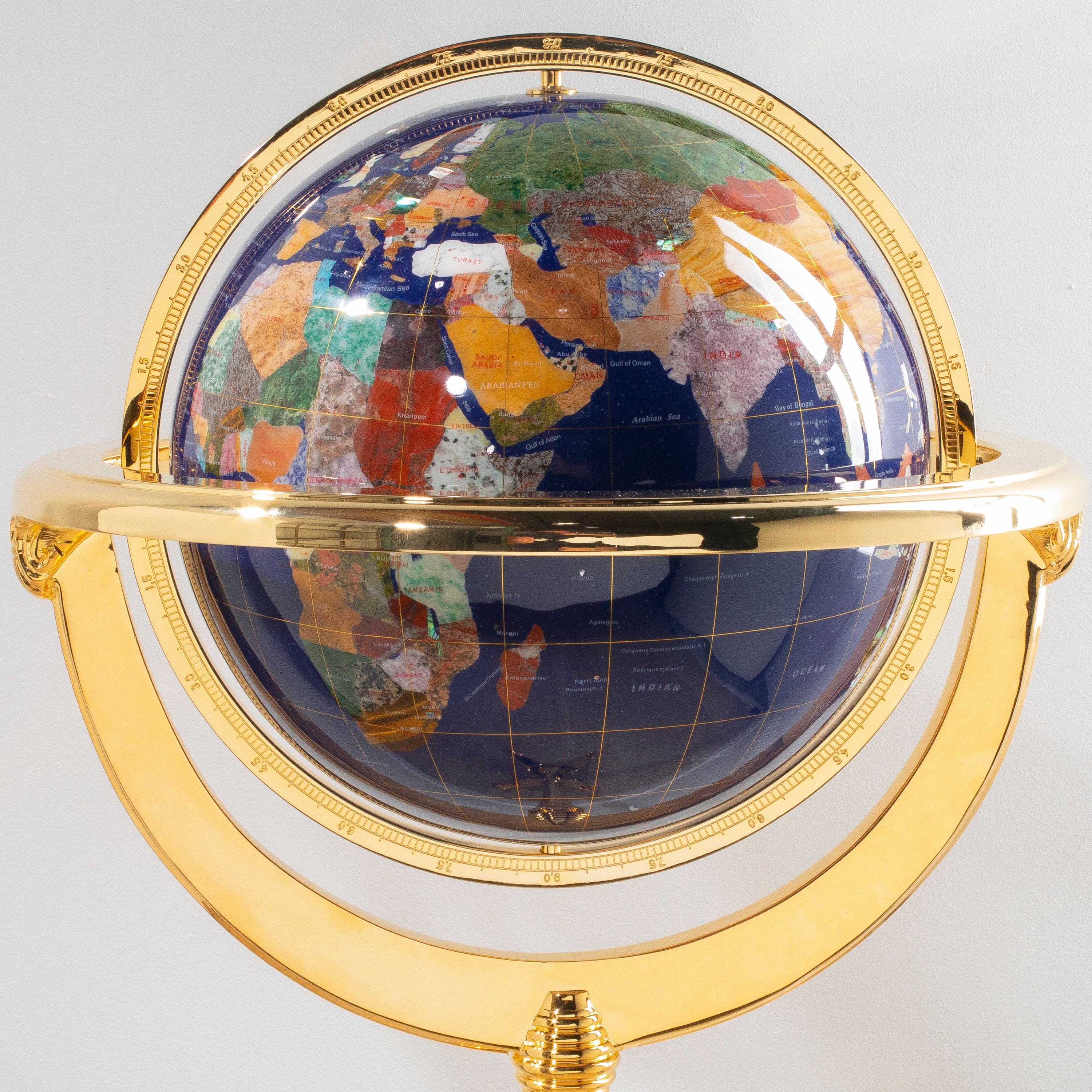 Kalifano Gemstone Globes 49" Tall Gemstone Globe with 13" Lapis Ocean on 24k Gold Plated Navigator 4-Leg Stand GTM330G-LP