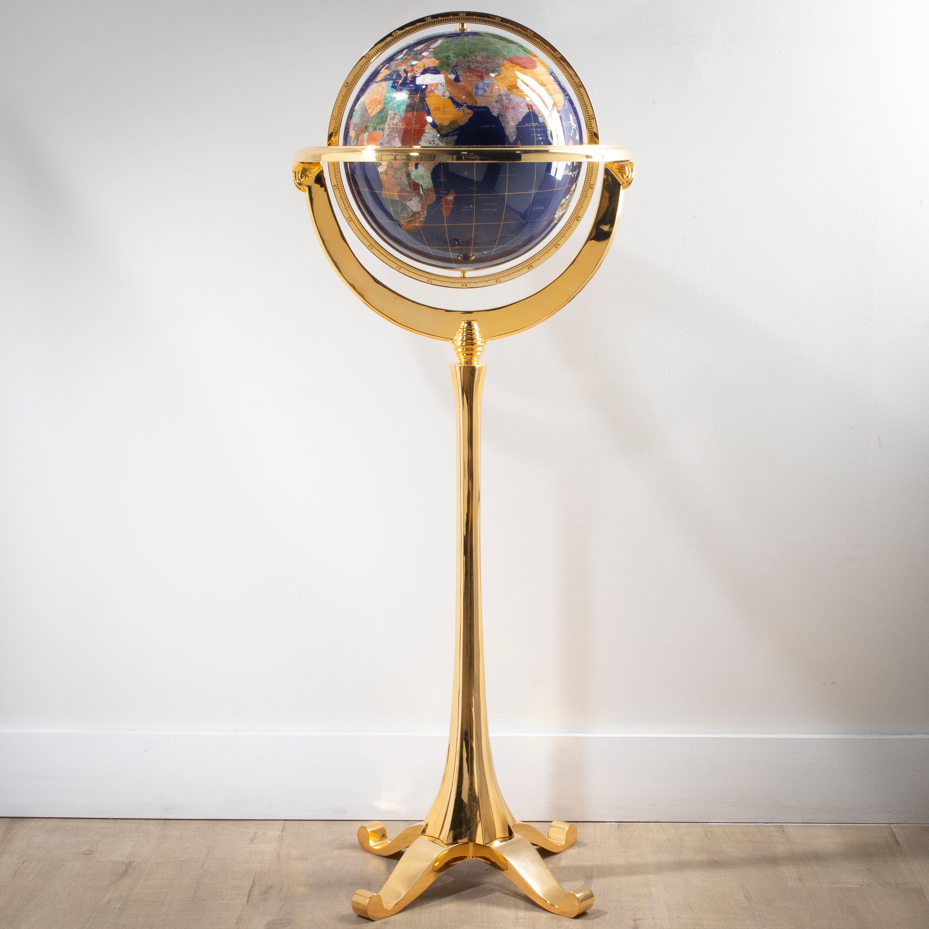 Kalifano Gemstone Globes 49" Tall Gemstone Globe with 13" Lapis Ocean on 24k Gold Plated Navigator 4-Leg Stand GTM330G-LP