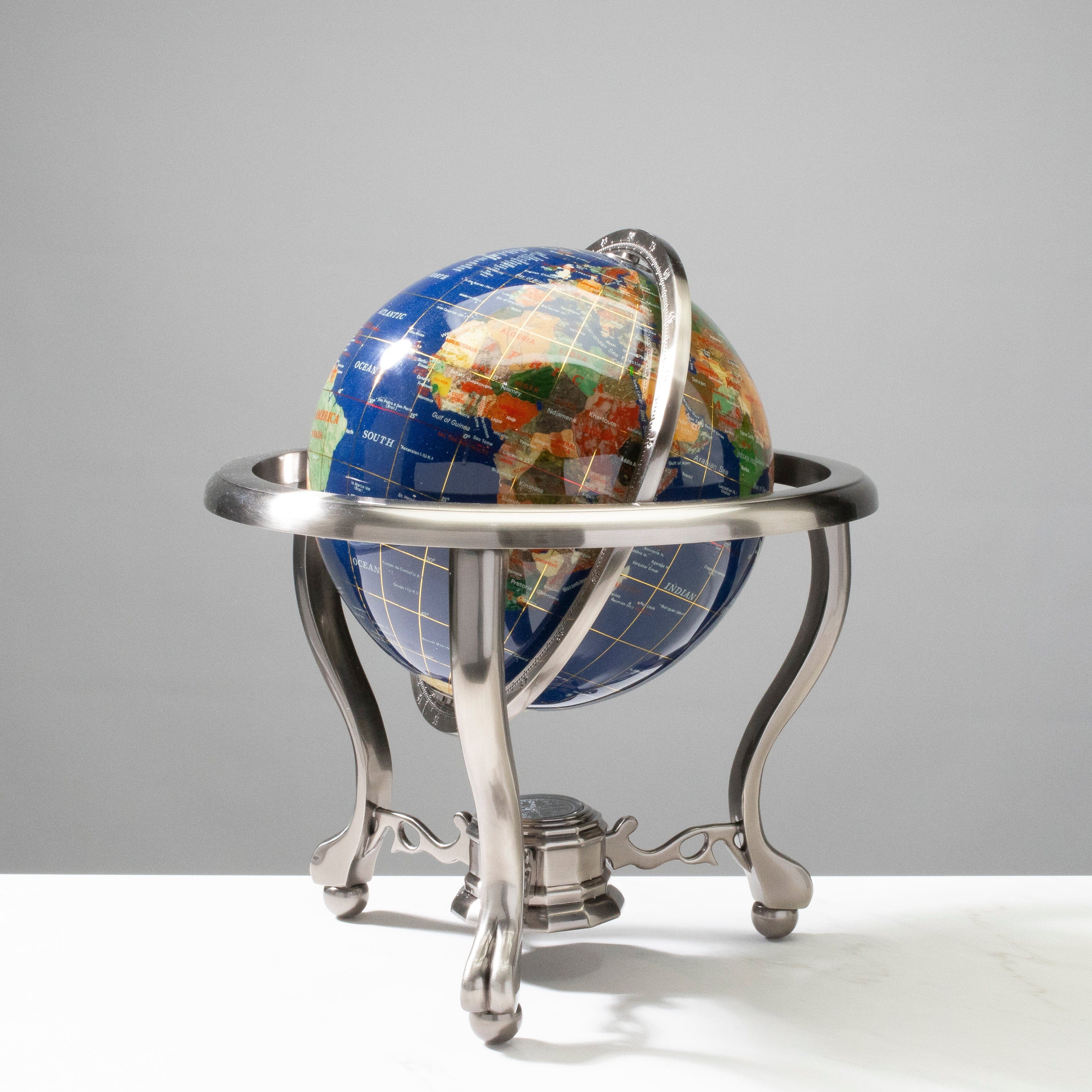 Kalifano Gemstone Globes Gemstone Globe with Lapis Ocean on Antique Silver Stand - 14" GT220-AS