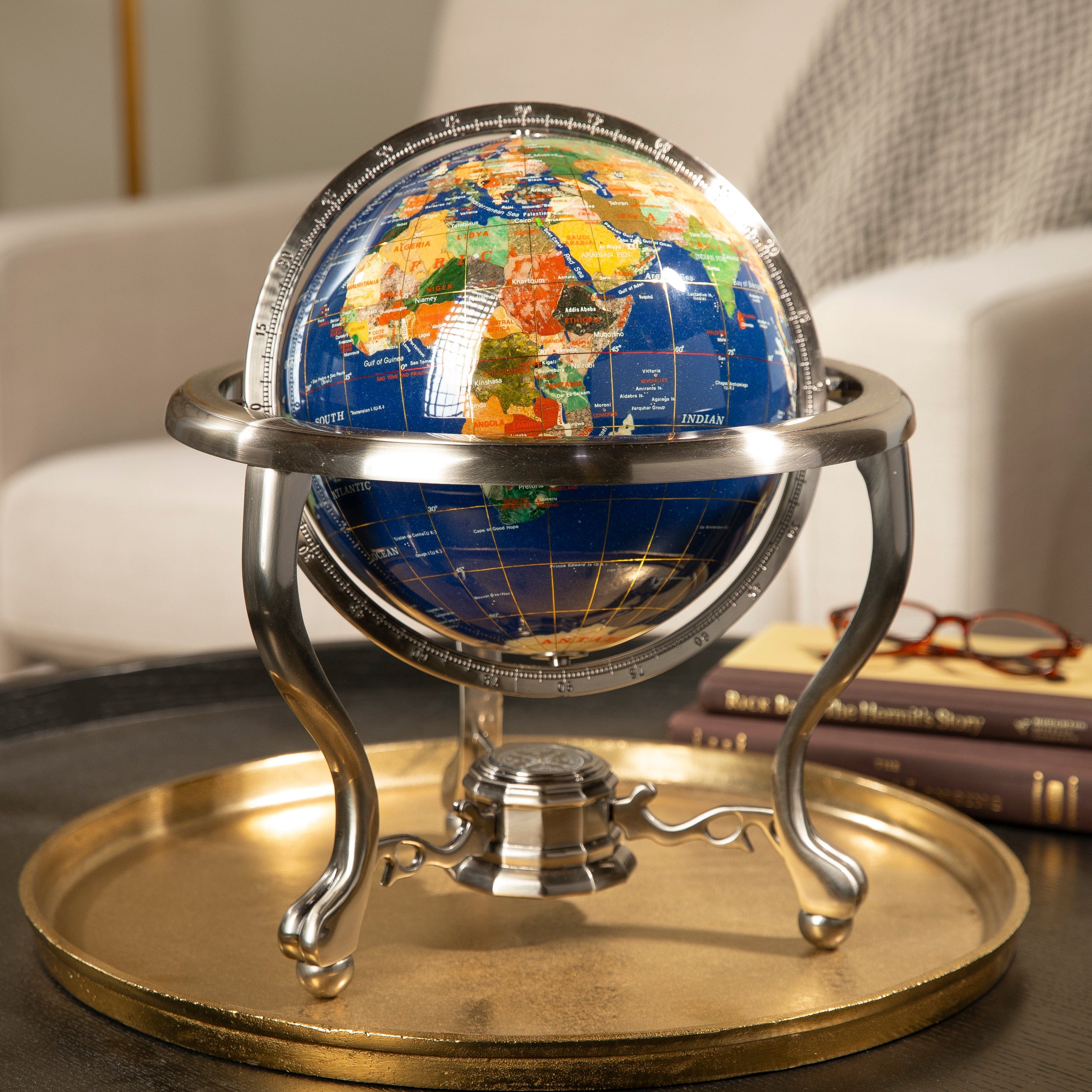 Kalifano Gemstone Globes Gemstone Globe with Lapis Ocean on Antique Silver Stand - 14" GT220-AS