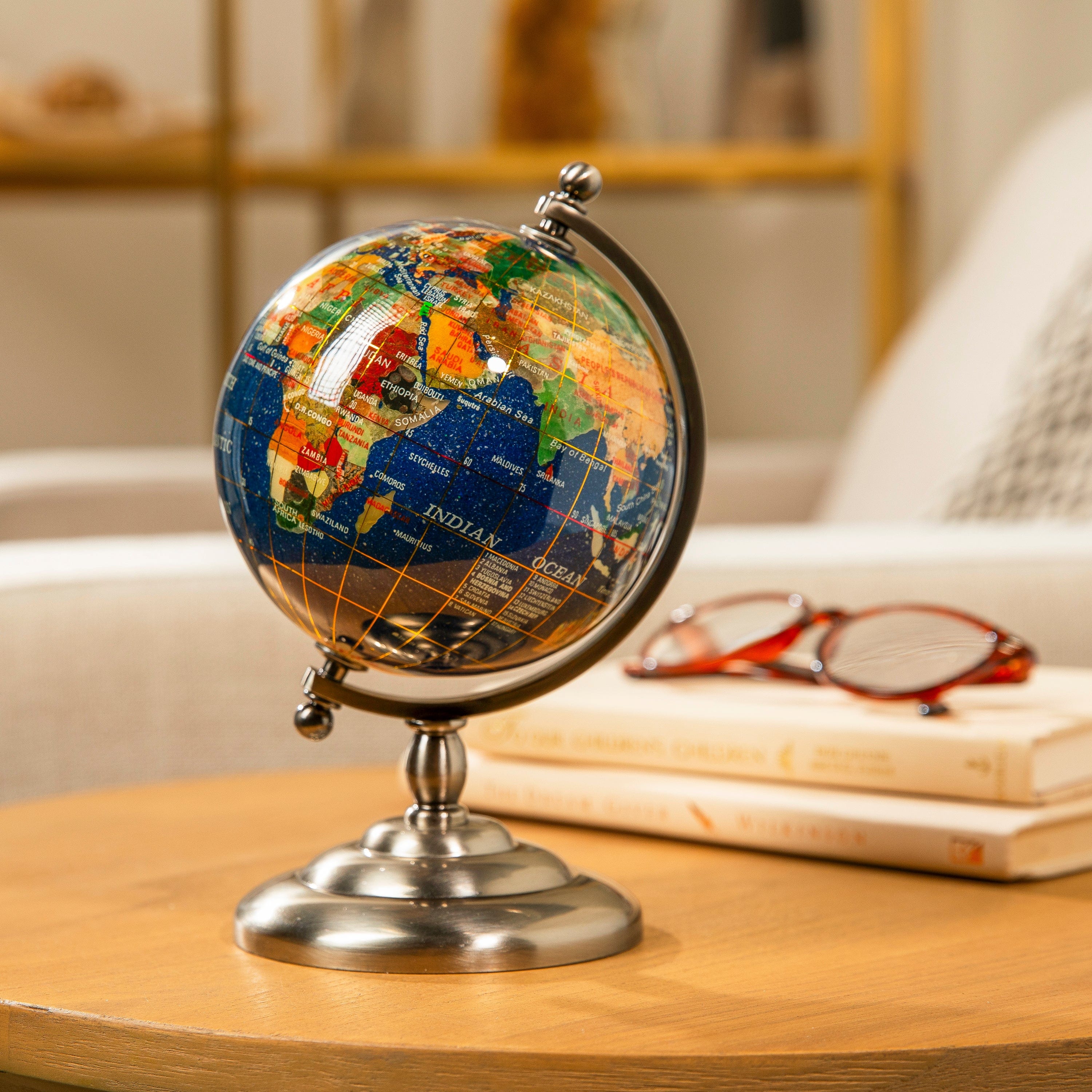 Kalifano Gemstone Globes Gemstone Globe with Lapis Ocean on Antique Silver Stand - 7.25" GL110-AS