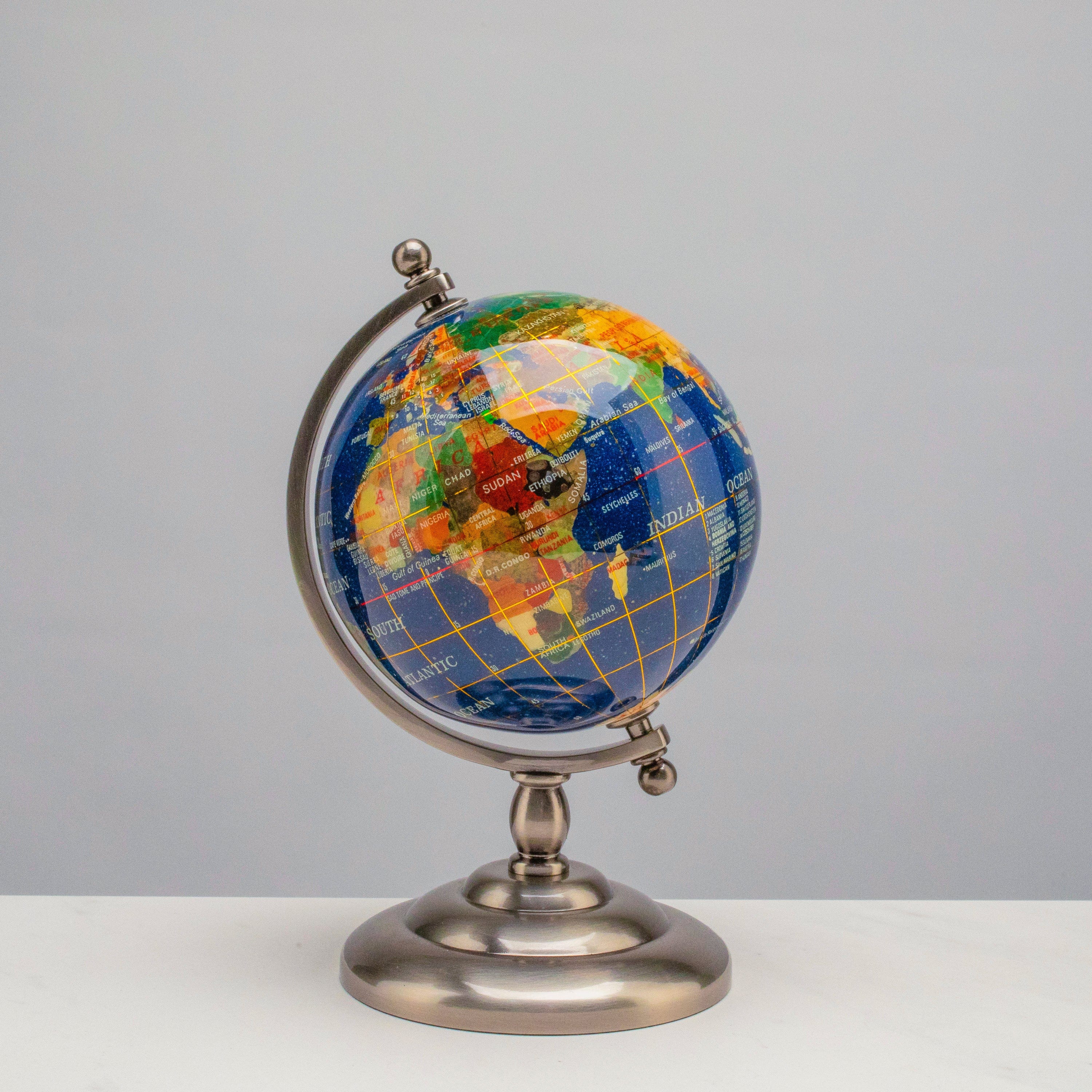 Kalifano Gemstone Globes Gemstone Globe with Lapis Ocean on Antique Silver Stand - 7.25" GL110-AS