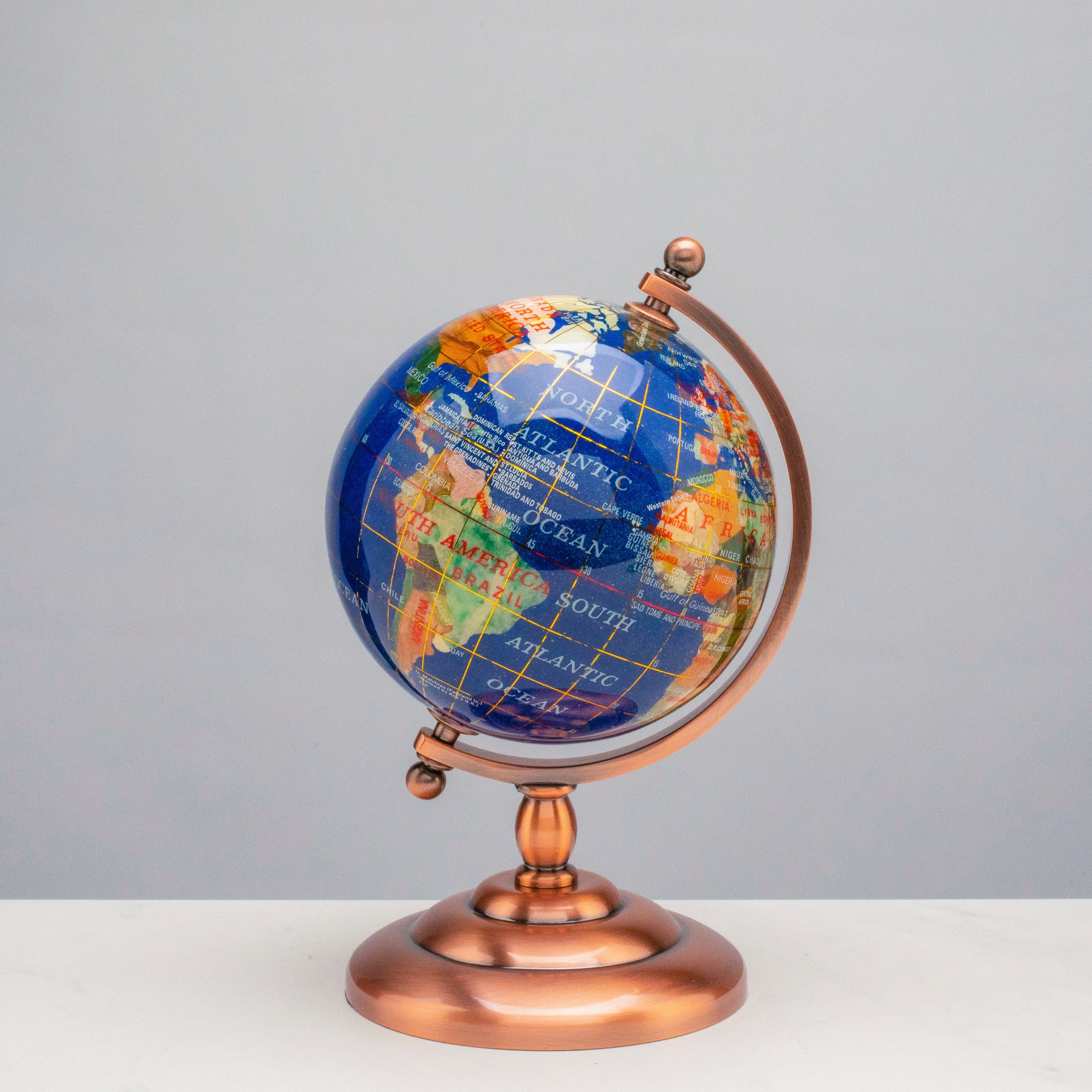 Kalifano Gemstone Globes Gemstone Globe with Lapis Ocean on Copper Stand - 7.25" GL110-AC