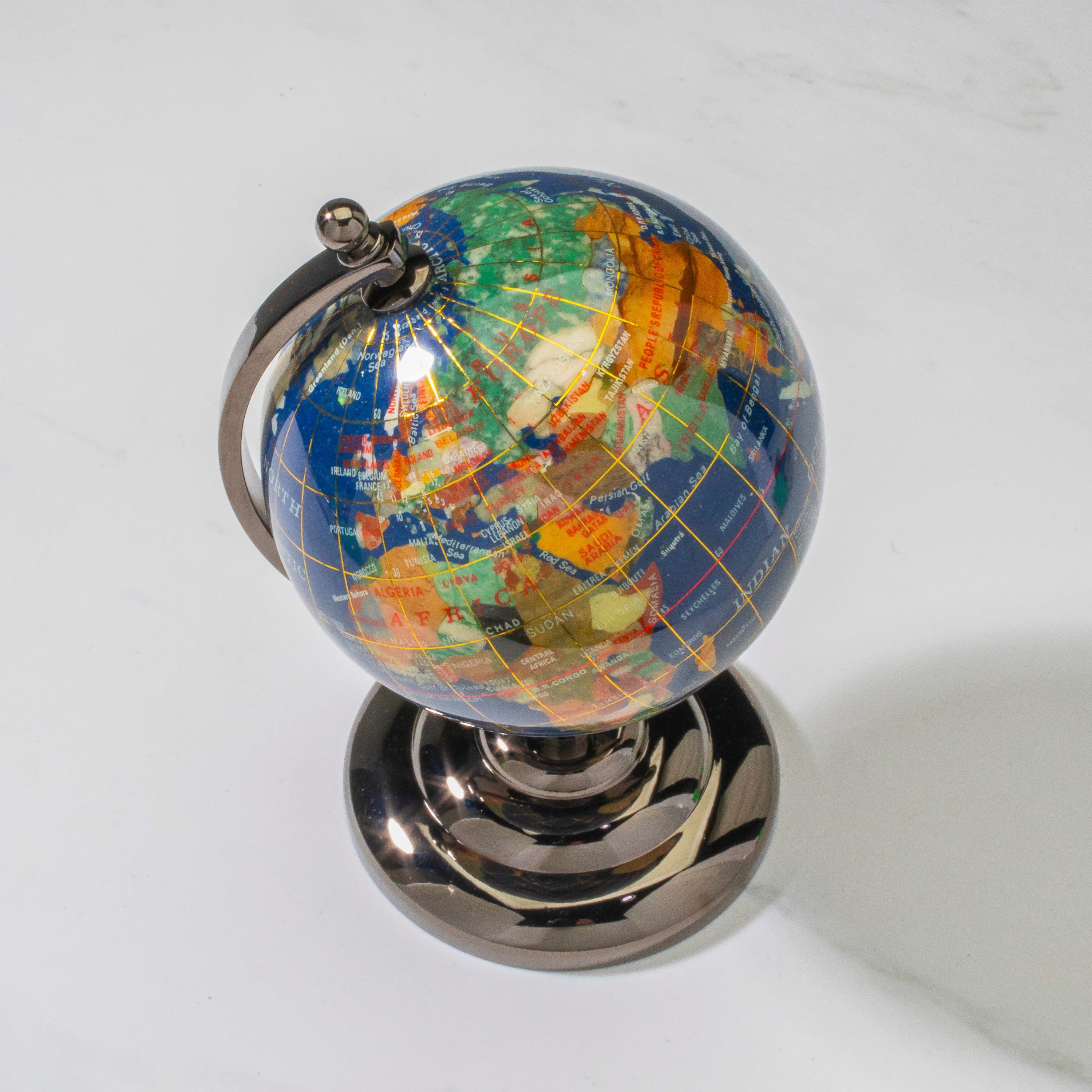 Kalifano Gemstone Globes Gemstone Globe with Lapis Ocean on Gun Metal Stand - 7.25" GL110-GM