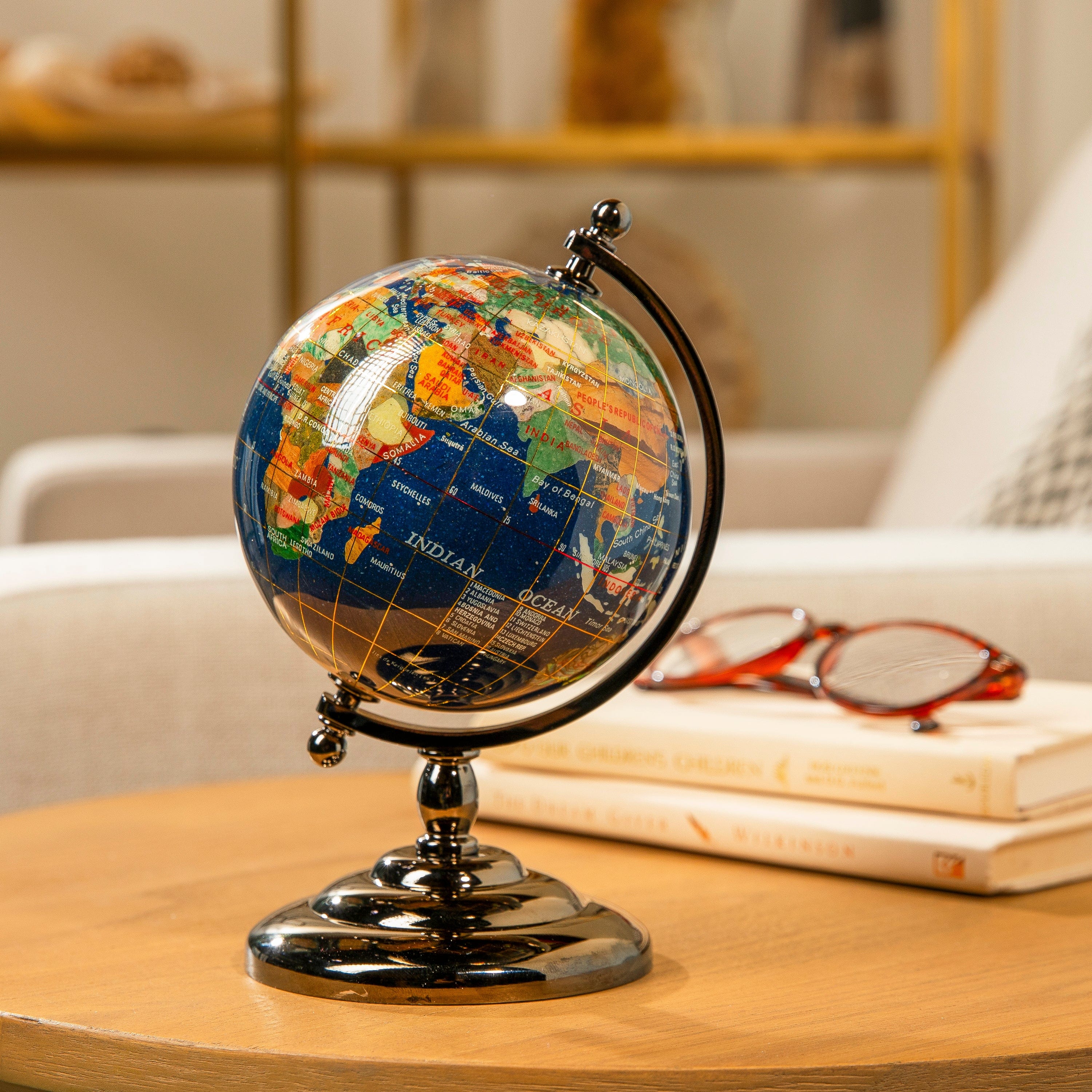 Gemstone Globe with Lapis Ocean on Gun Metal Stand - 7.25