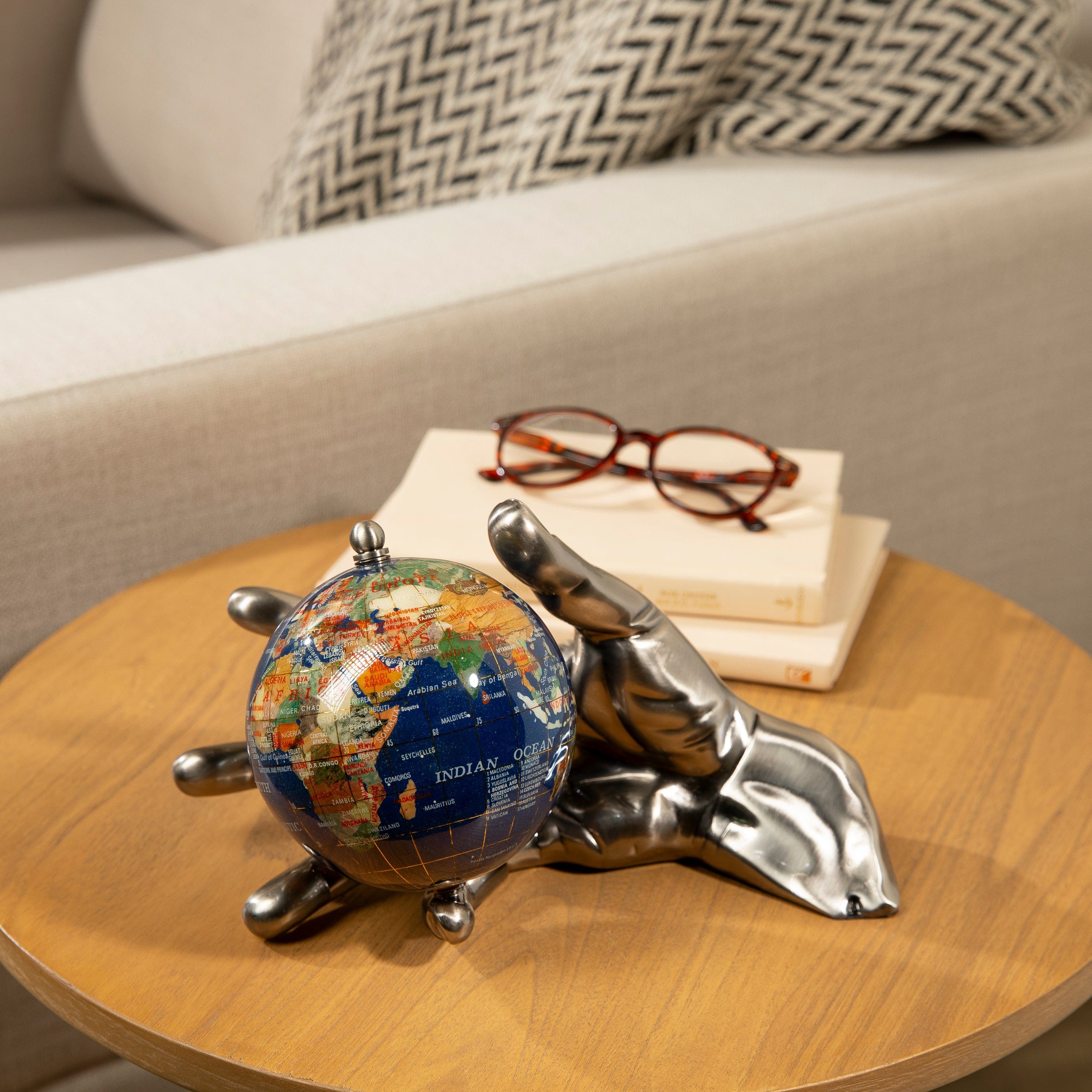 Kalifano Gemstone Globes World In Your Hand - Gemstone Globe with Lapis Ocean Embraced with Antique Silver Base HAND-AS