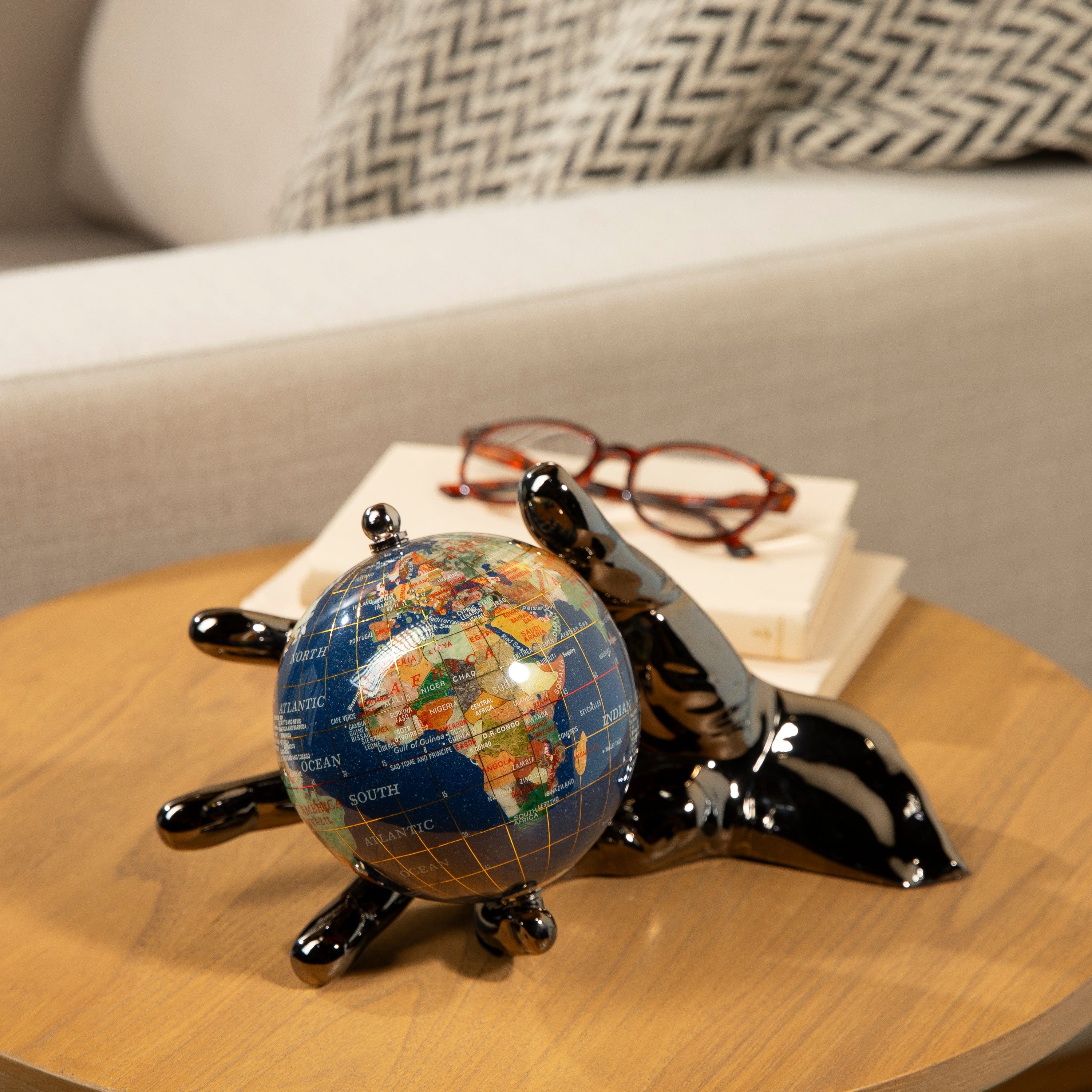 Kalifano Gemstone Globes World In Your Hand - Gemstone Globe with Lapis Ocean Embraced with Gun Metal Base HAND-GM