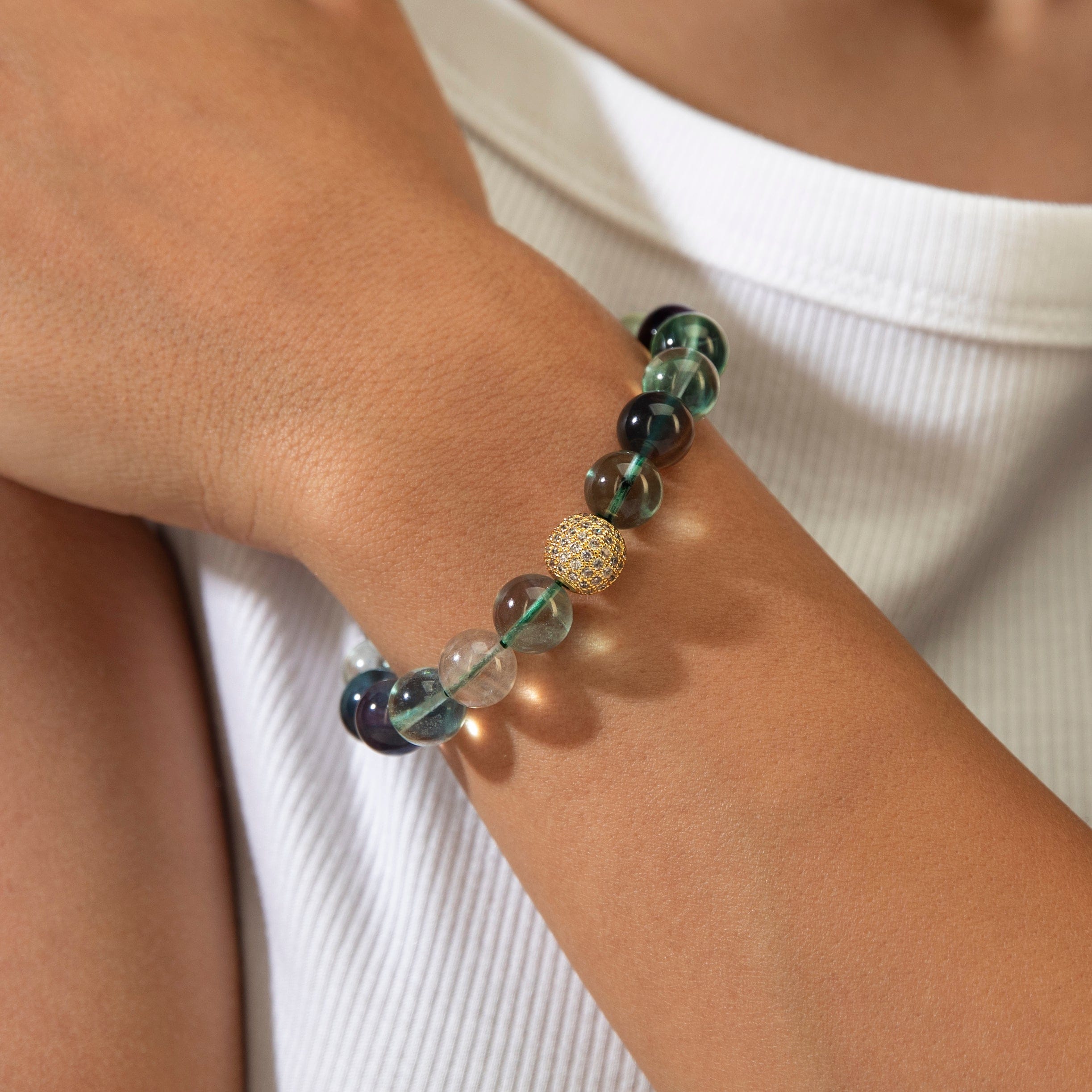 KALIFANO Gemstone Jewelry 10mm Fluorite Gemstone Elastic Bracelet