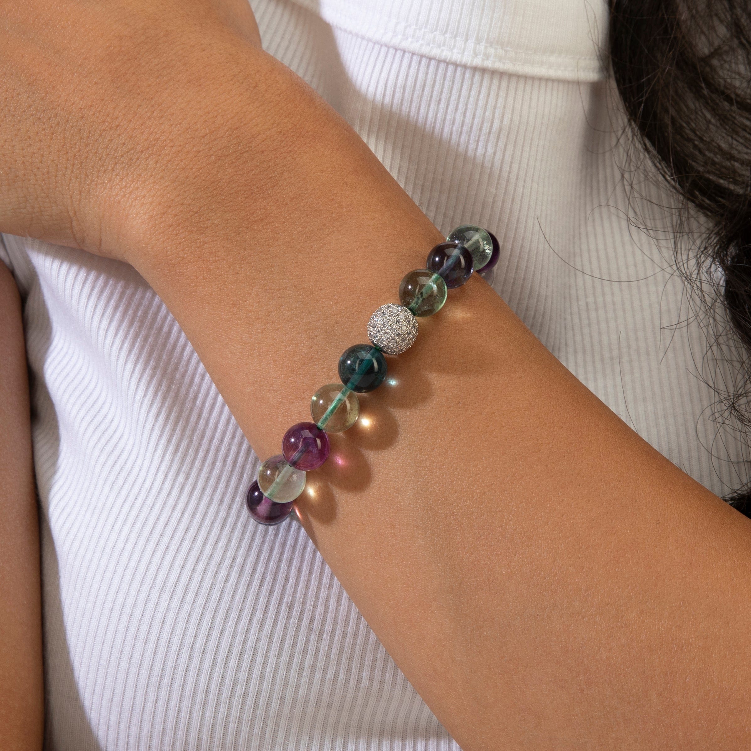 KALIFANO Gemstone Jewelry 10mm Fluorite Gemstone Elastic Bracelet
