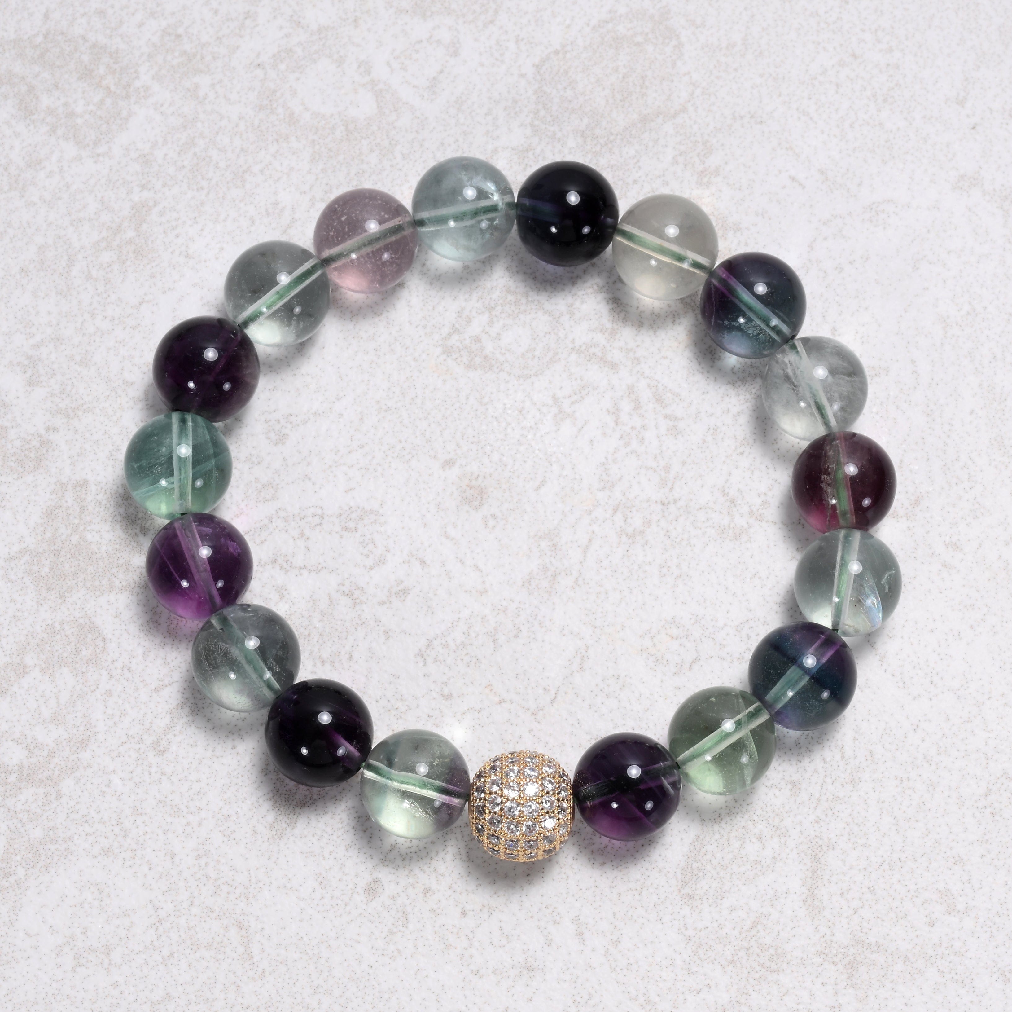 KALIFANO Gemstone Jewelry 10mm Fluorite Gemstone Elastic Bracelet