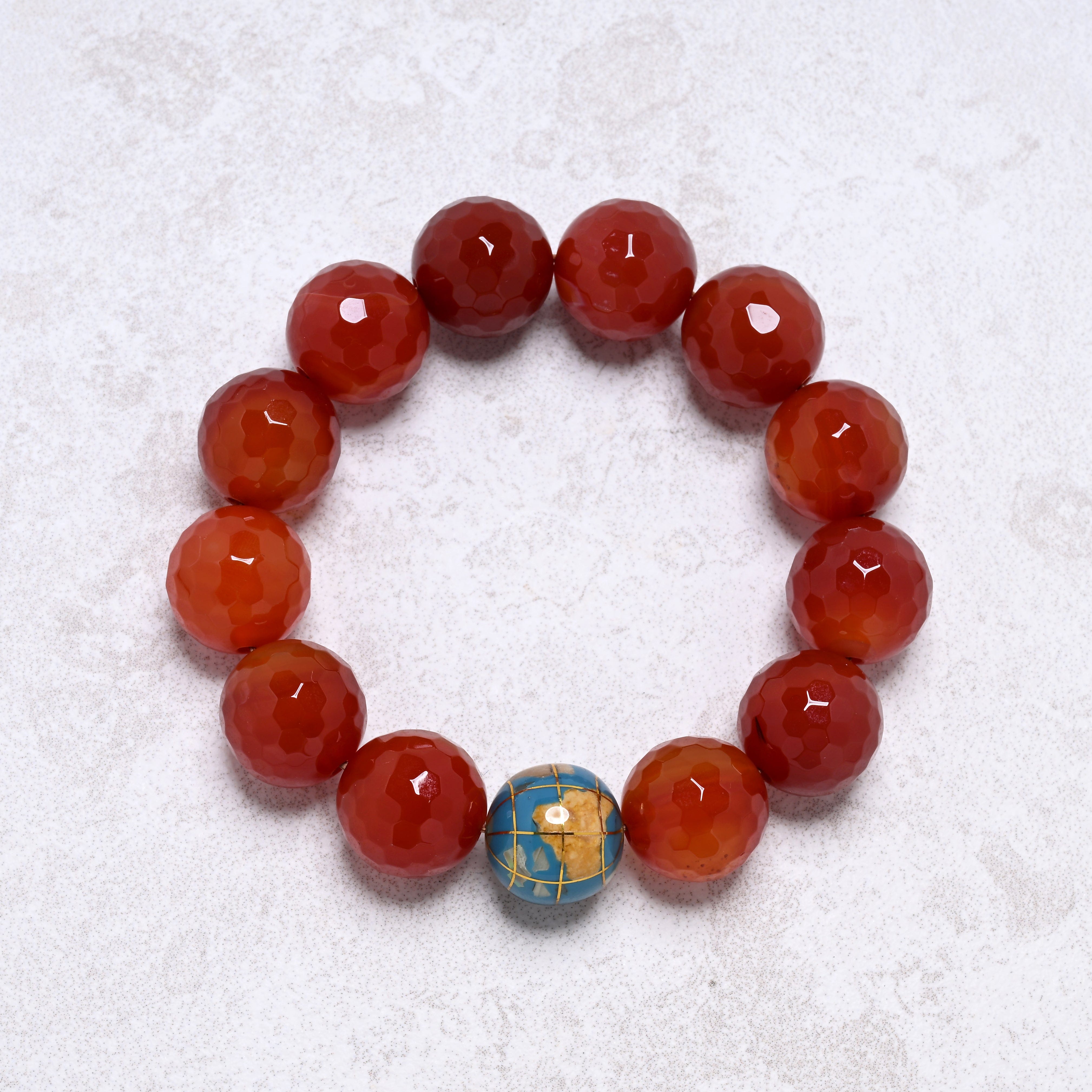 KALIFANO Gemstone Jewelry 16mm Carnelian Gemstone Elastic Bracelet with Blue Globe Accent Bead