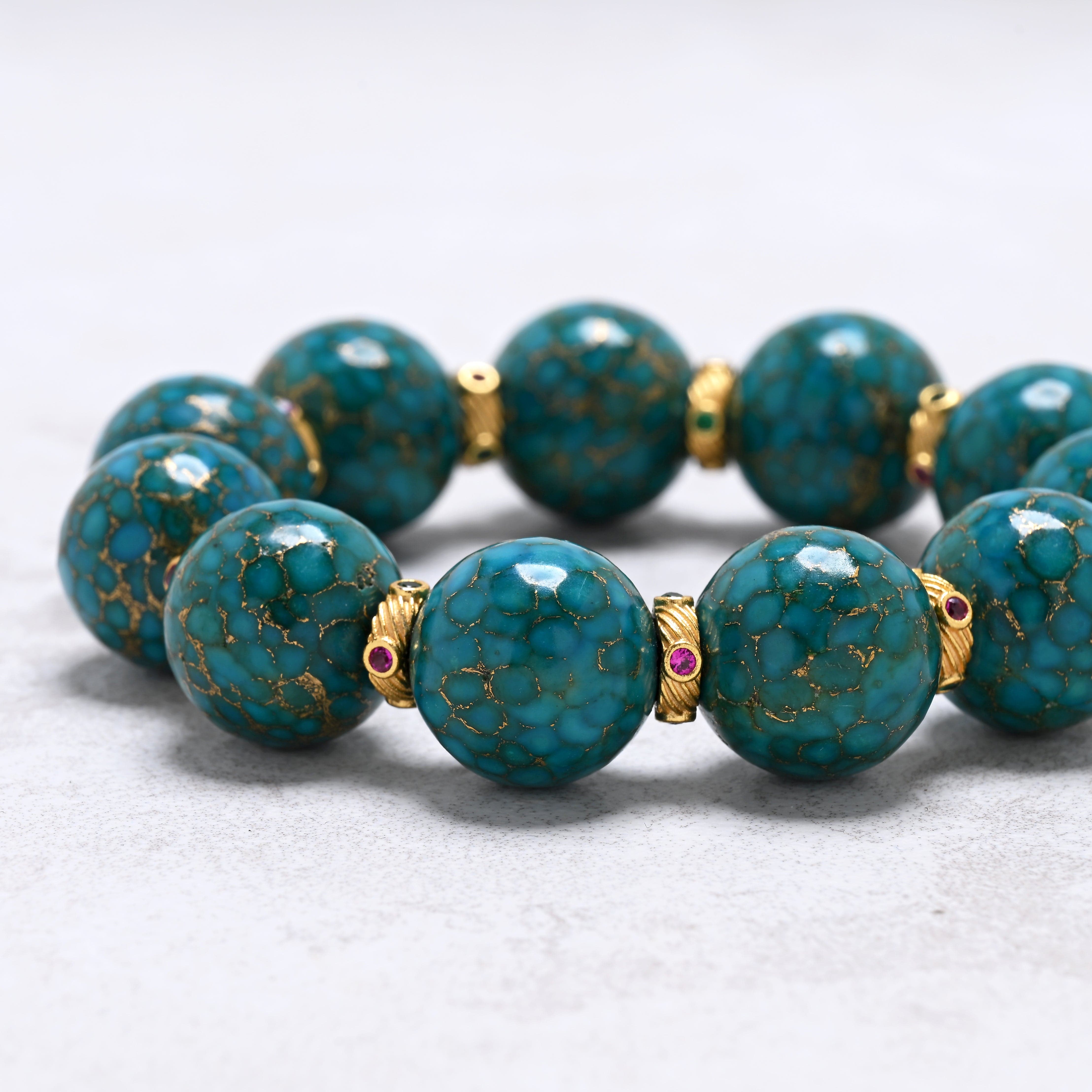 KALIFANO Gemstone Jewelry 16mm Turquoise Gemstone Elastic Bracelet