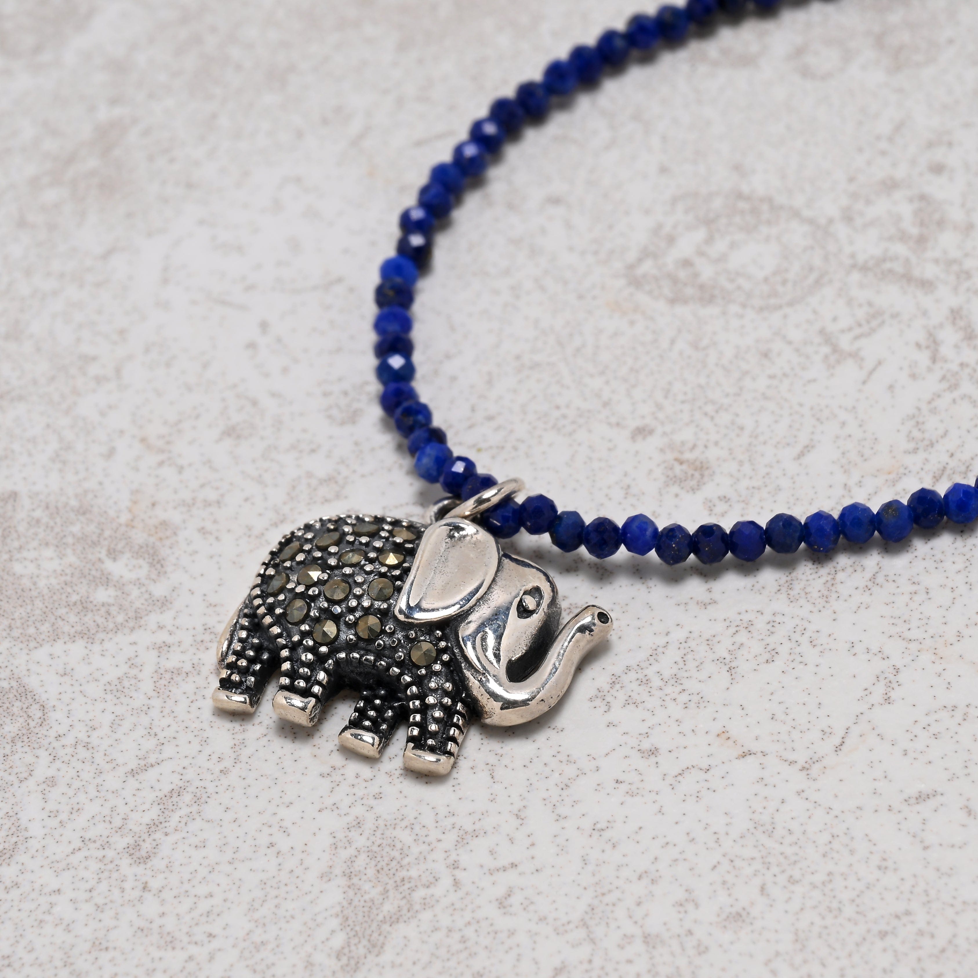 KALIFANO Gemstone Jewelry 17" 2mm Natural Lapis Necklace – Sterling Silver Elephant Pendant 925N300-LP