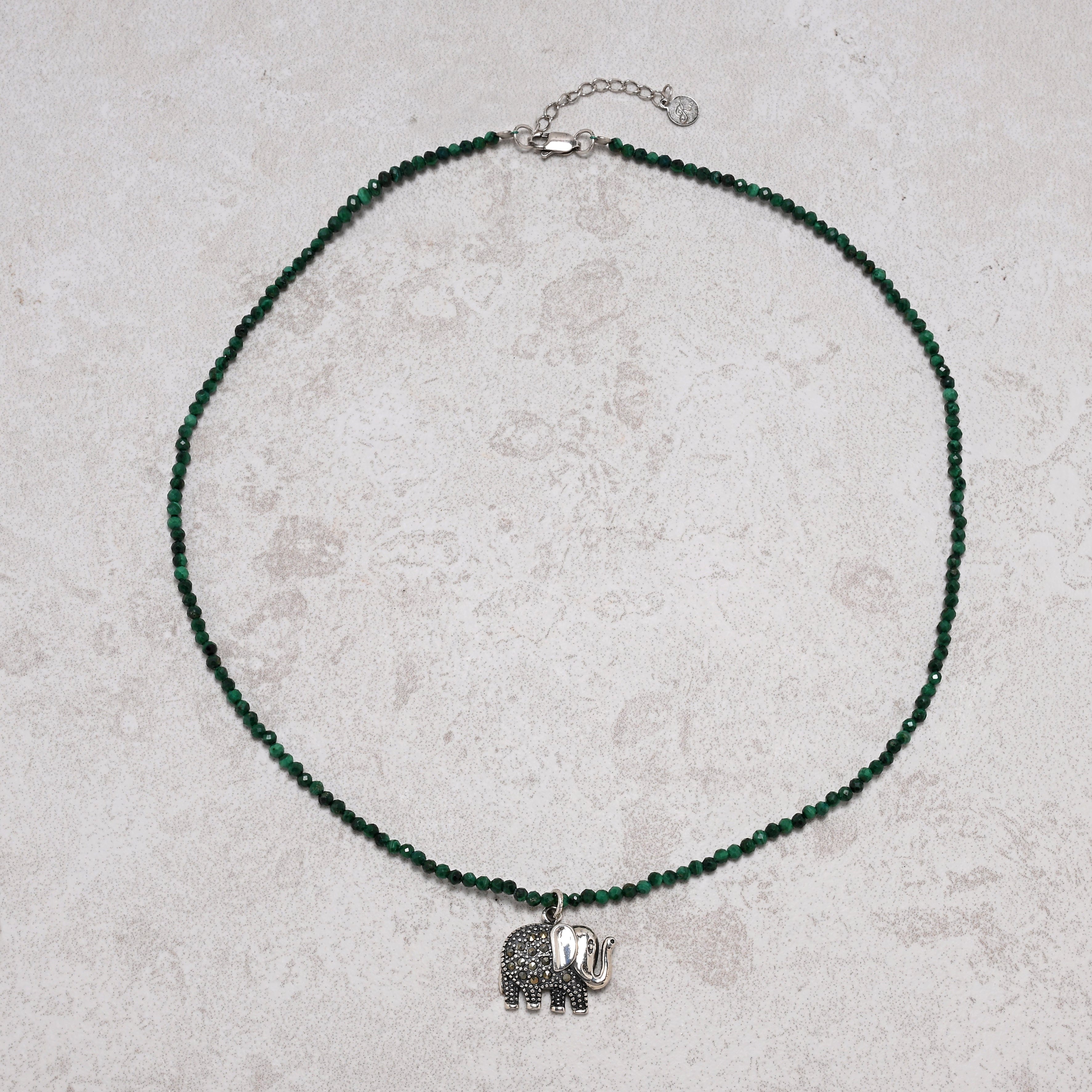 KALIFANO Gemstone Jewelry 17" 2mm Natural Malachite Necklace – Sterling Silver Elephant Pendant 925N300-MA