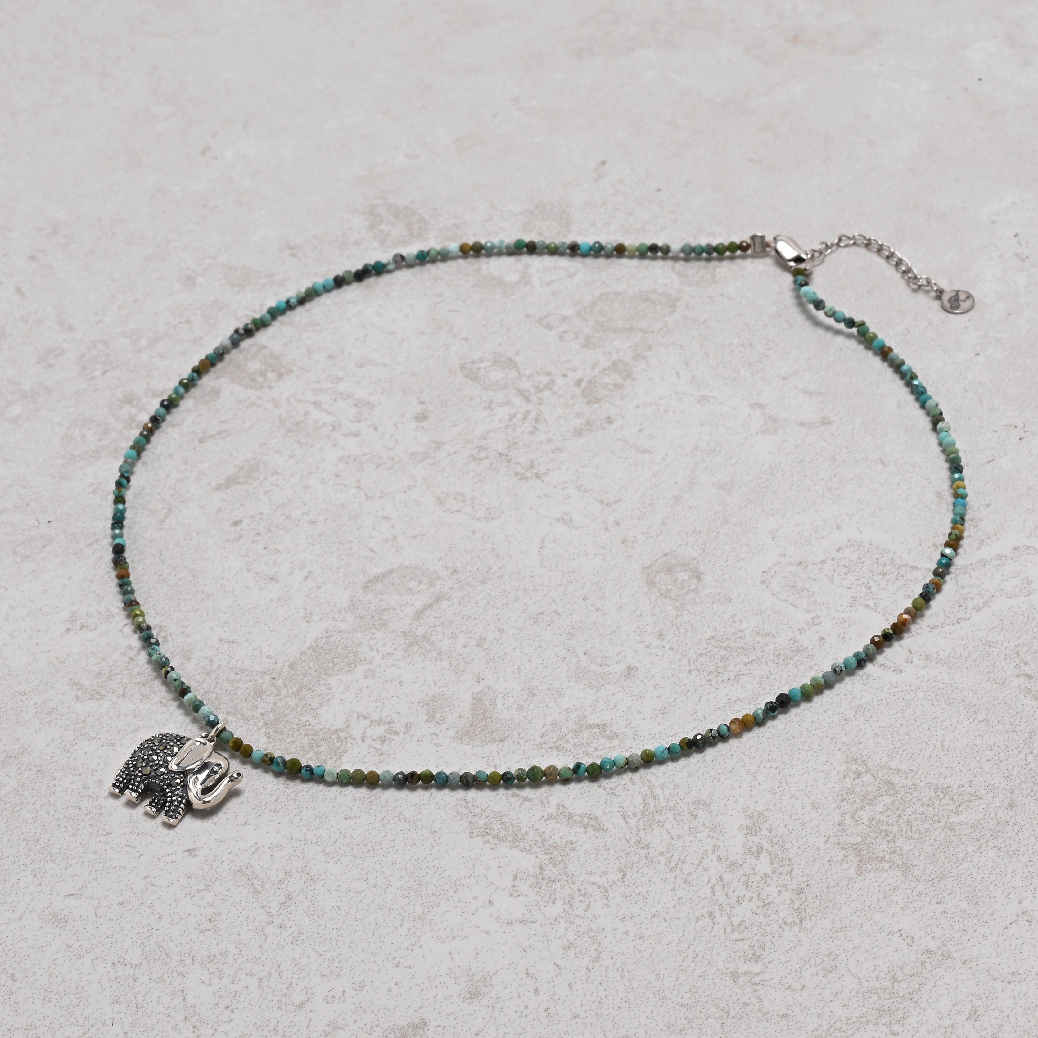 KALIFANO Gemstone Jewelry 17" 2mm Natural Turquoise Necklace – Sterling Silver Elephant Pendant 925N300-TQ