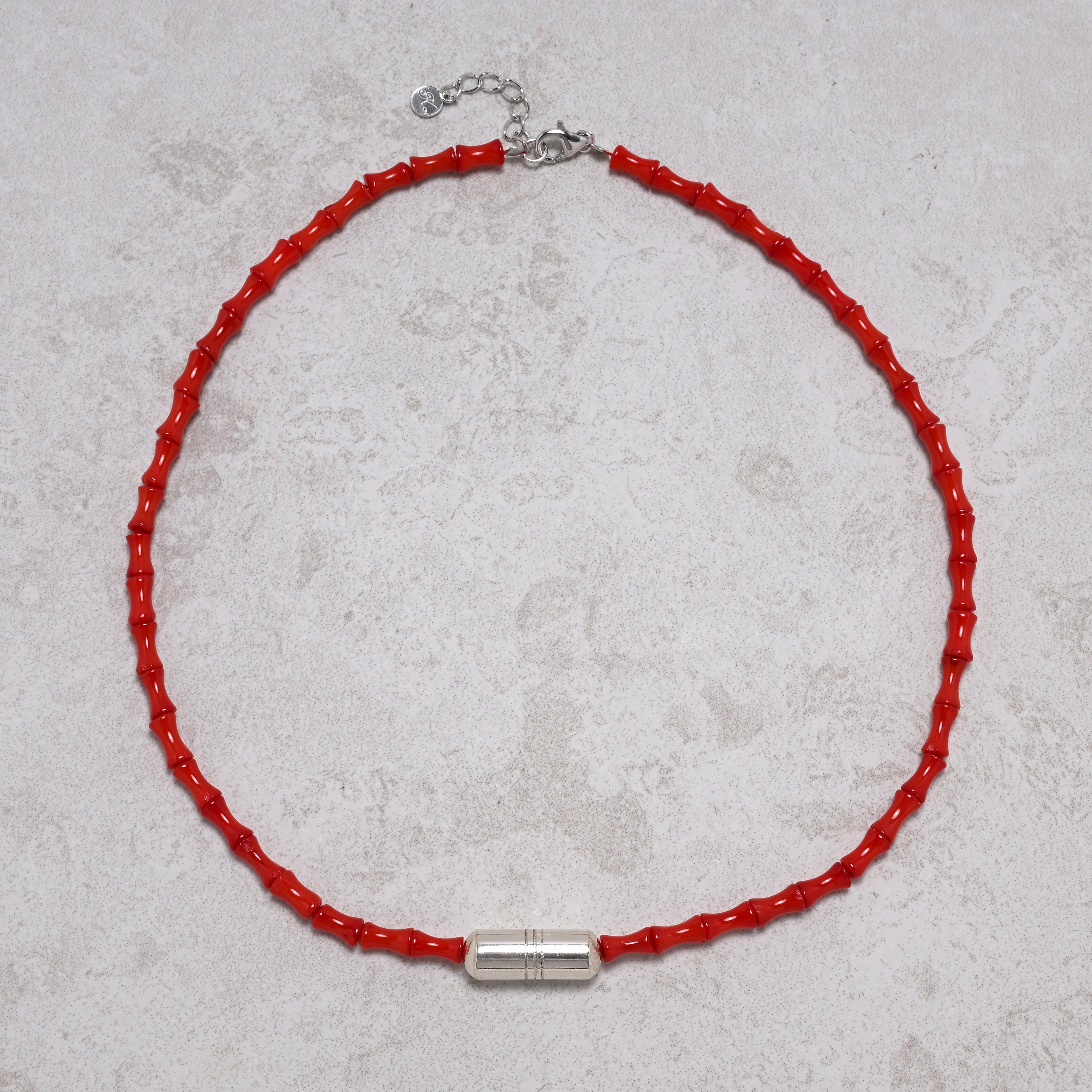KALIFANO Gemstone Jewelry 18" Genuine Coral Necklace with Native American Sterling Silver Barrel Bead 925N-03-RC