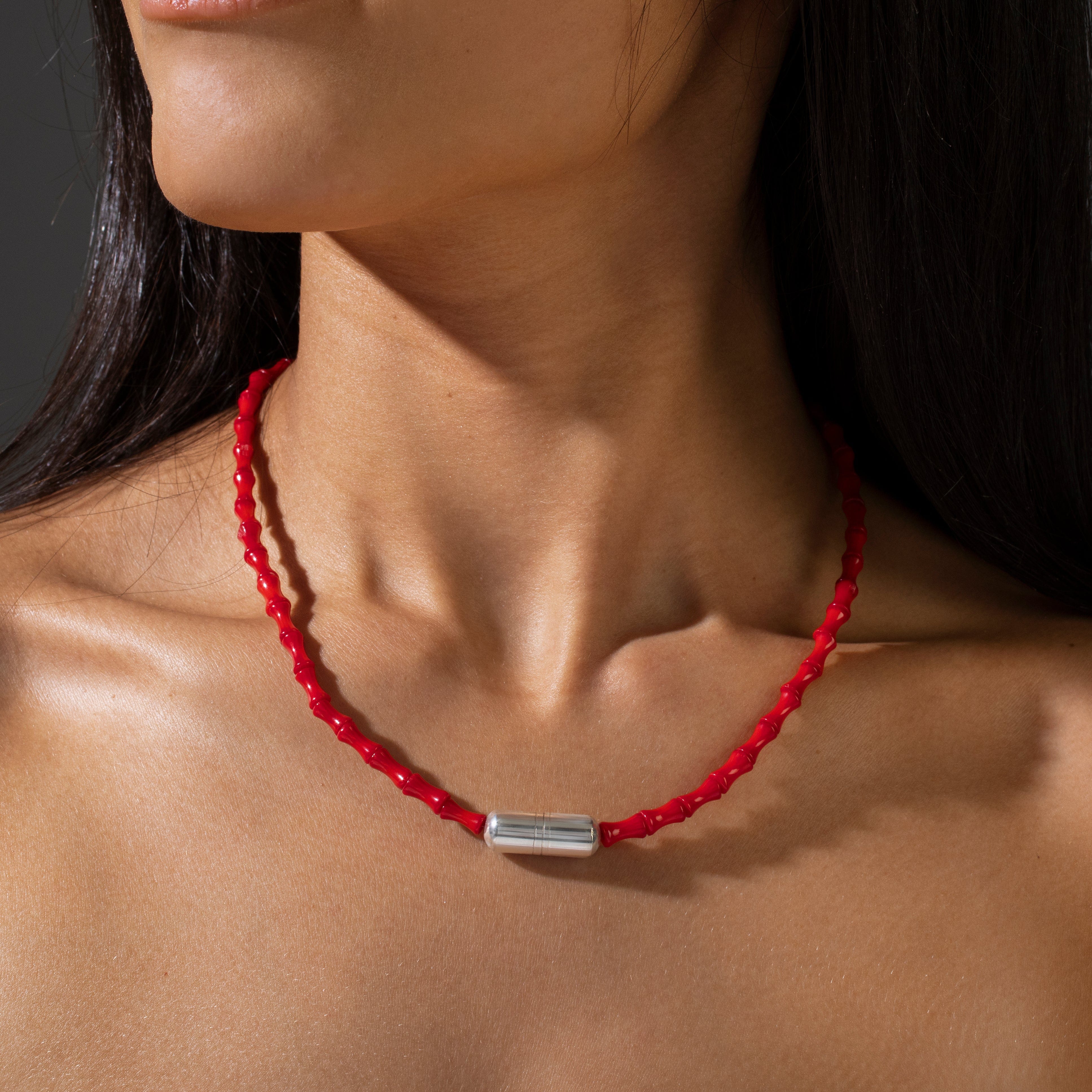KALIFANO Gemstone Jewelry 18" Genuine Coral Necklace with Native American Sterling Silver Barrel Bead 925N-03-RC