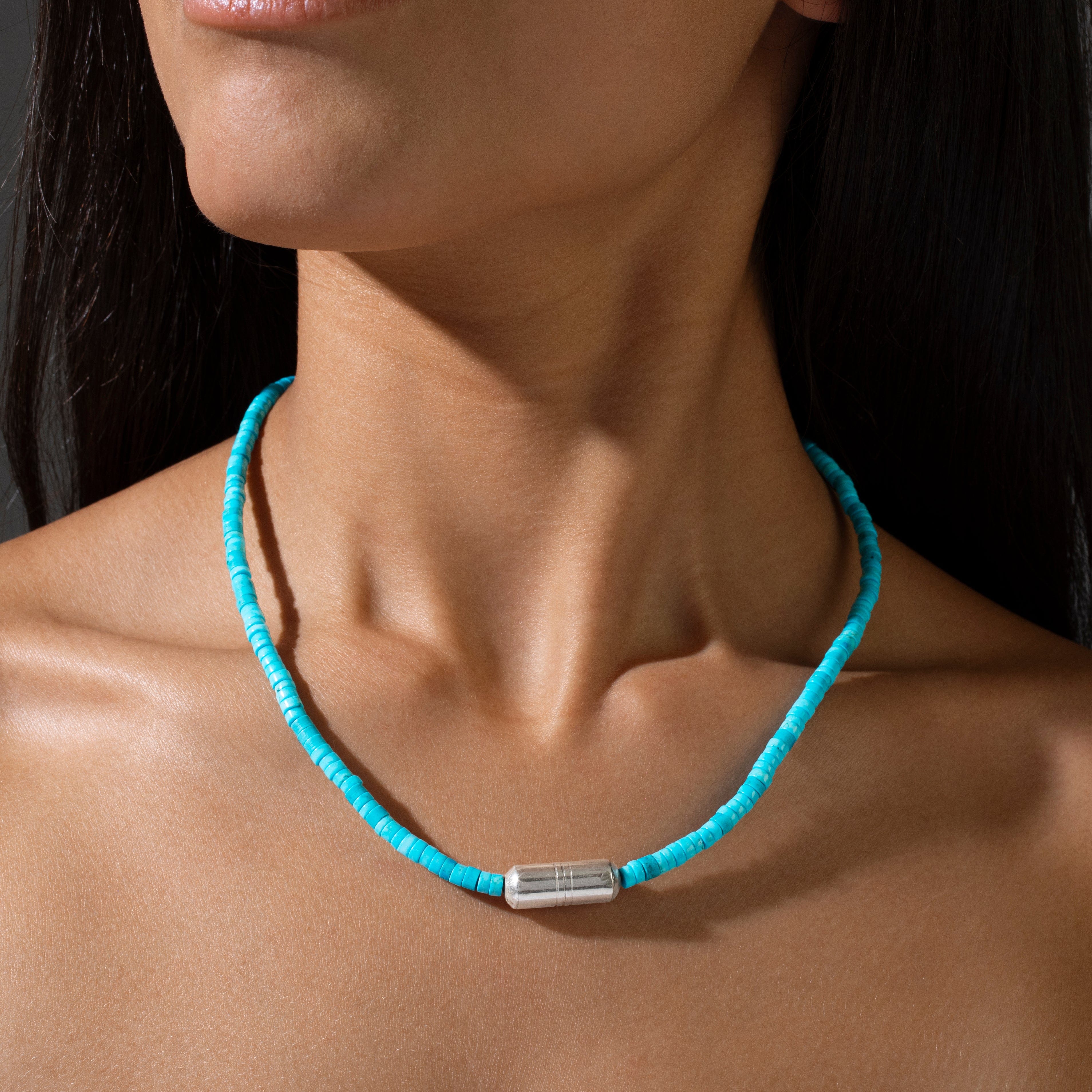 KALIFANO Gemstone Jewelry 18" Howlite King Turquoise Necklace with Vintage Native American Sterling Silver Barrel Pendant 925N-01-TQ