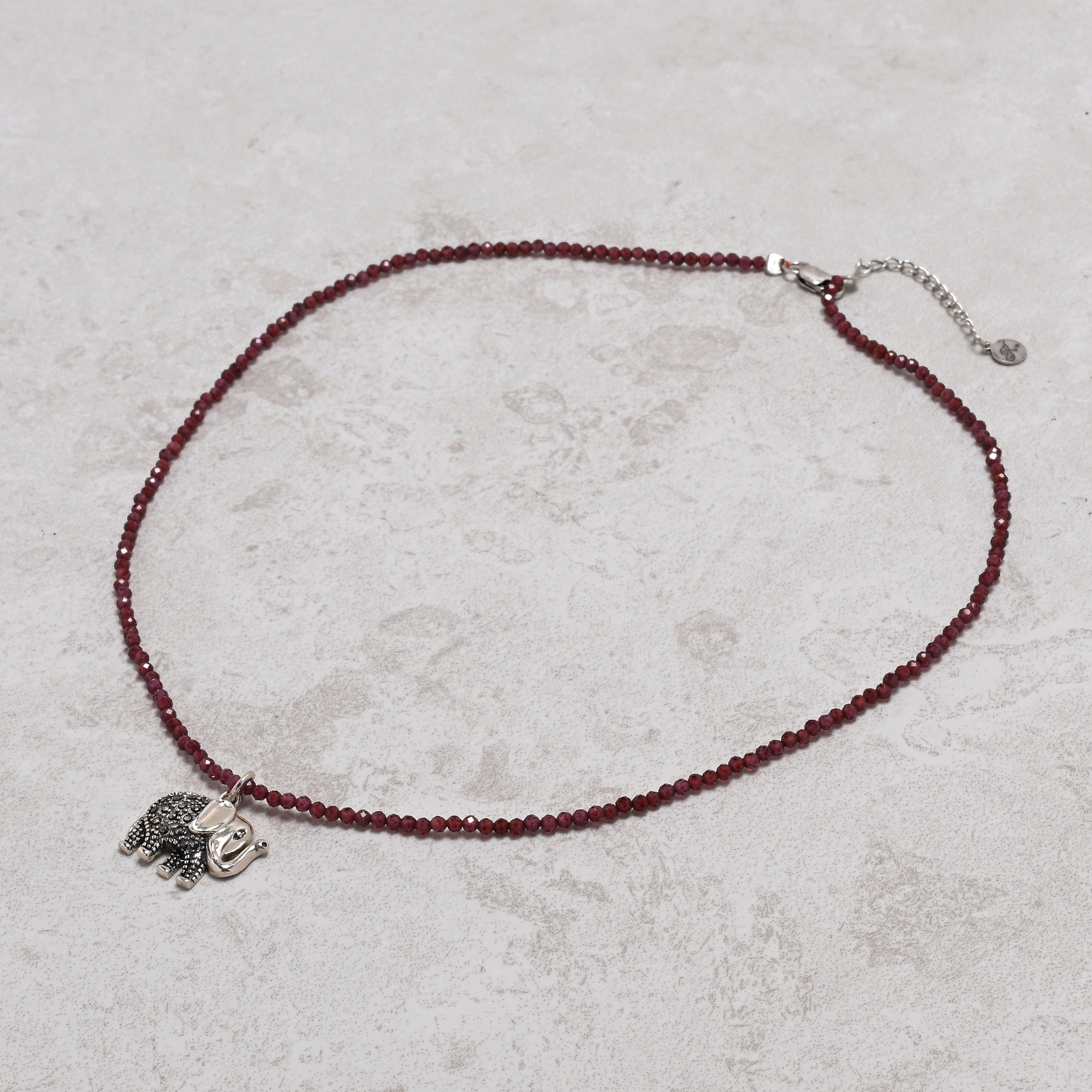 KALIFANO Gemstone Jewelry 18" Natural Garnet 2mm Beaded Necklace with Sterling Silver Elephant Charm and Sterling Silver Lobster Clasp 925N300-GA