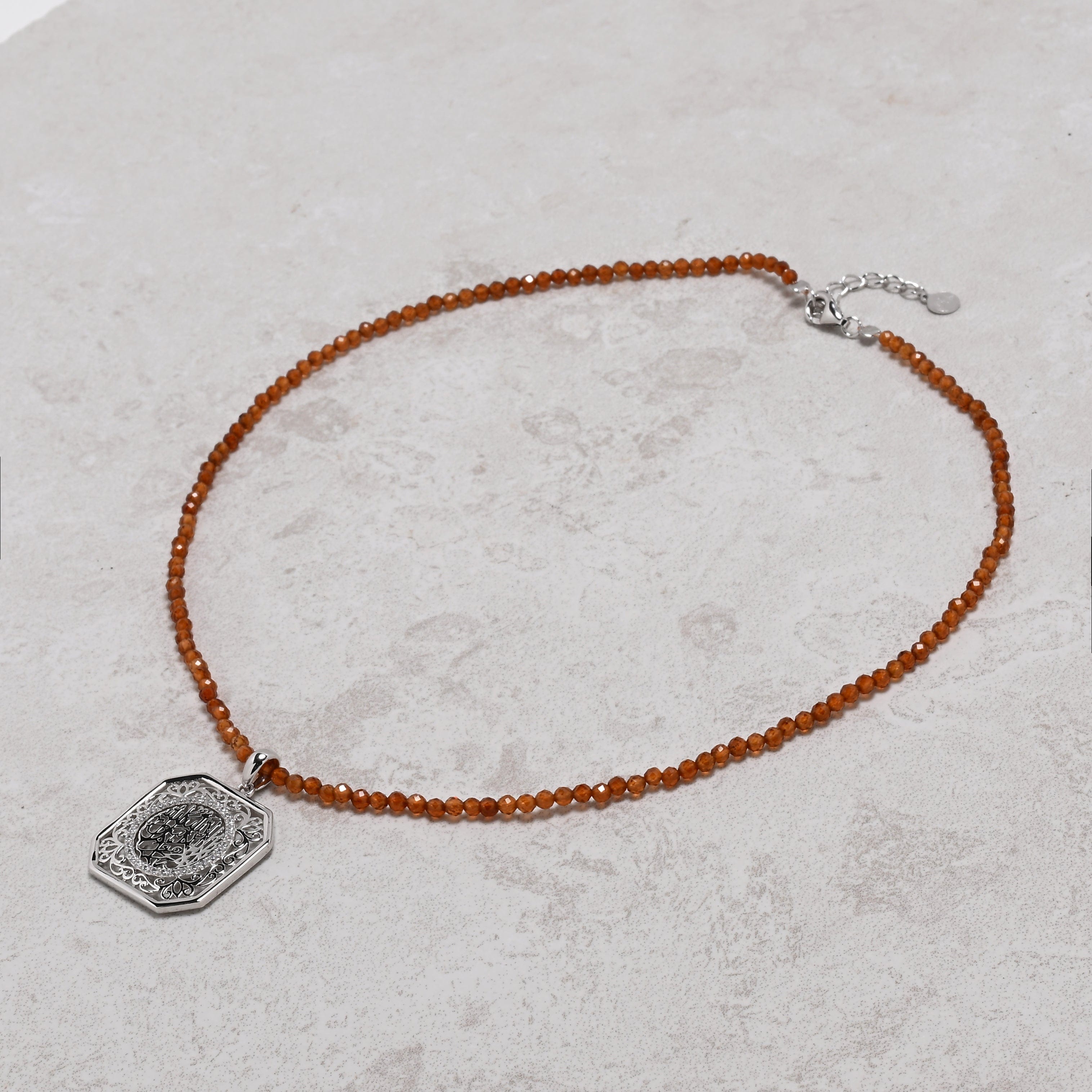 KALIFANO Gemstone Jewelry 18" Natural Garnet 3mm Beaded Necklace with Sterling Silver Allah Charm and Sterling Silver Lobster Clasp 925NA201-GA