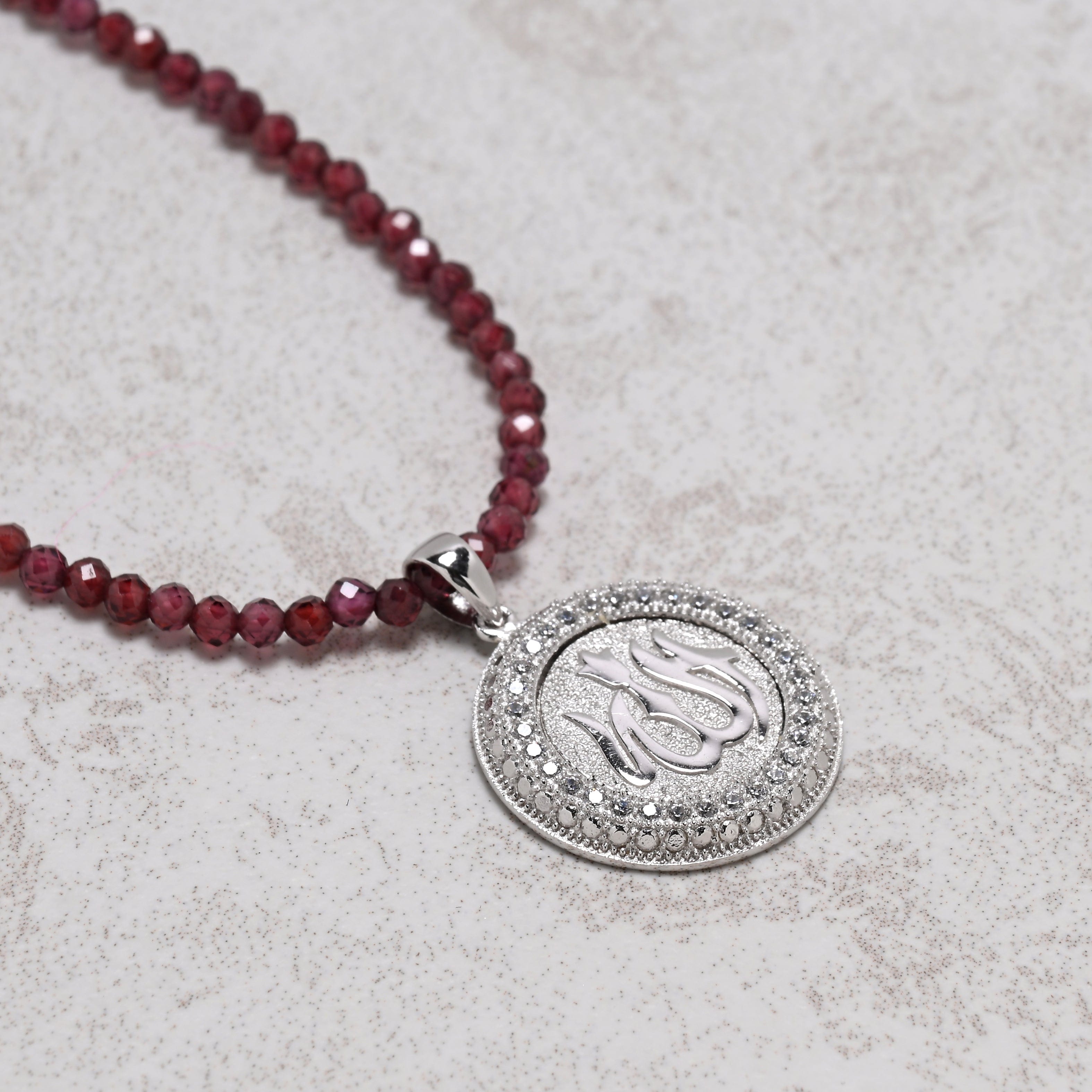 KALIFANO Gemstone Jewelry 18" Natural Garnet Necklace with Sterling Silver Allah Charm 925NA200-GA