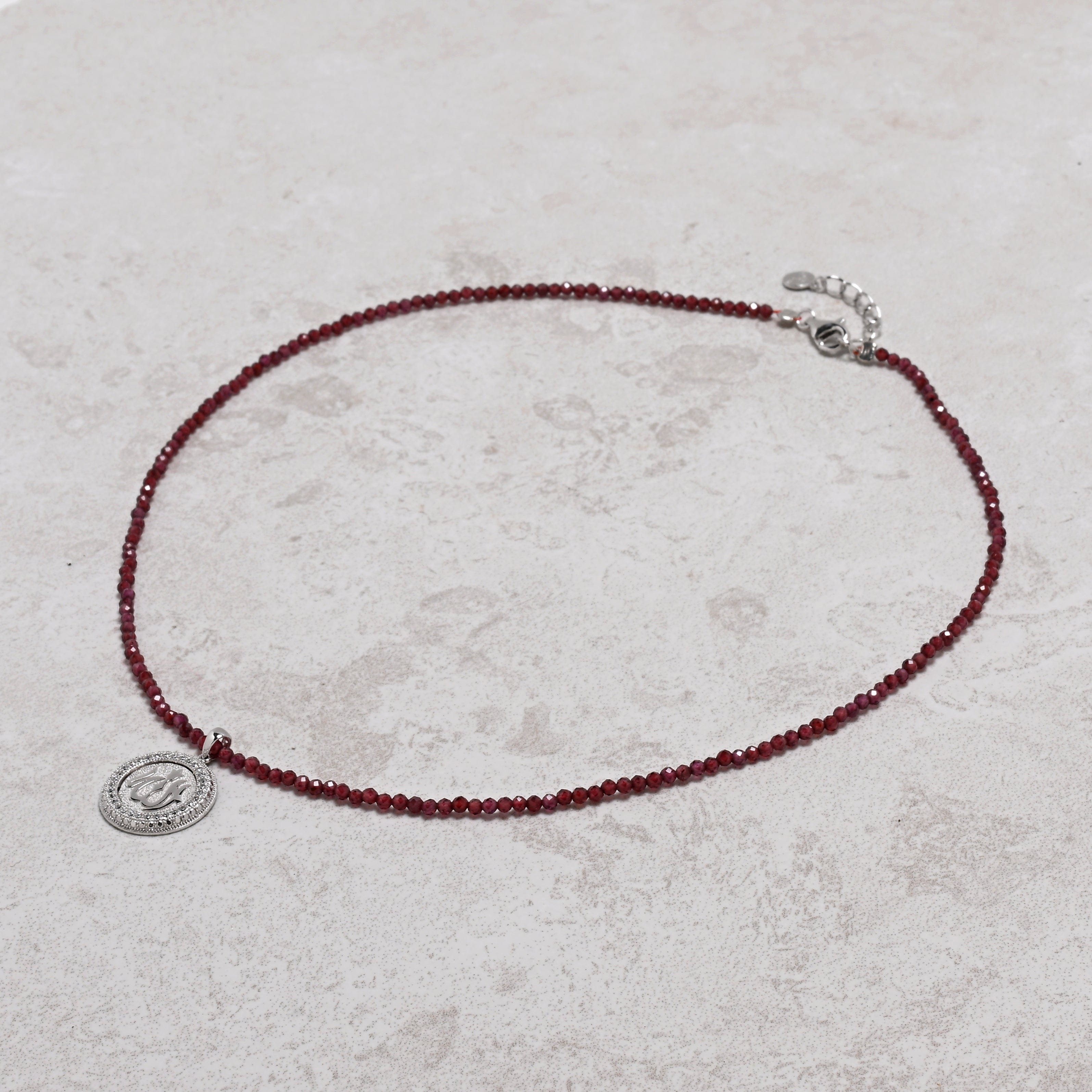 KALIFANO Gemstone Jewelry 18" Natural Garnet Necklace with Sterling Silver Allah Charm 925NA200-GA